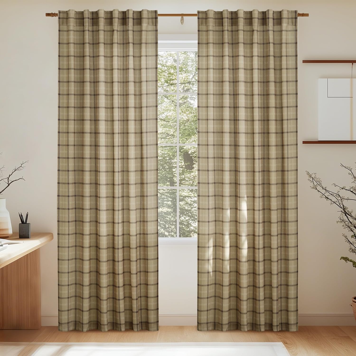 NICETOWN Linen Plaid Curtains 96 inches Long Grid Pattern Light Filtering Privacy Shade for Living Room Bedroom, Farmhouse Rod Pocket Back Tab Semi Sheer Curtains, 1 Pair, Linen, 52W x 96L 52"W x 96"L (Pack of 2) Grid Pattern | Linen