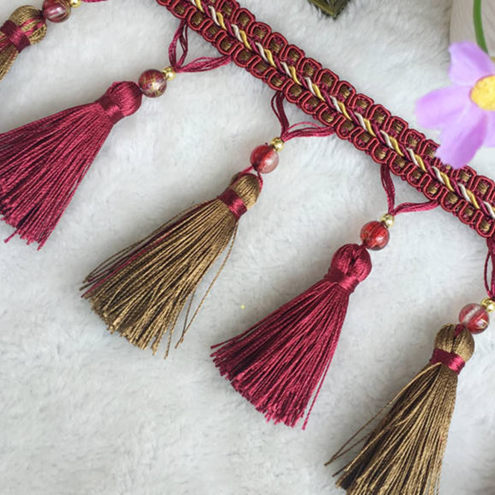 Fringe Tassel Trim Tape, Frędzle z koralikami, 2 jardy, wielokolorowe, do abażurów, obrusów, zasłon, szycia DIY(Red Coffee)