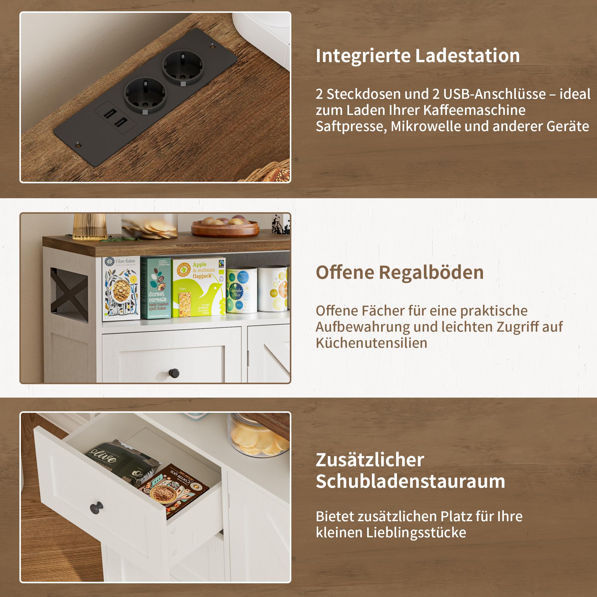 BonVache Sideboard, Küchenschrank mit Schubladen, Aufbewahrungsschrank, Anrichte mit Offenem Regal, Kaffeebar Schrank für Küche, Esszimmer, Wohnzimmer, 120 x 35 x 95cm, Cremeweiß in Holzoptik