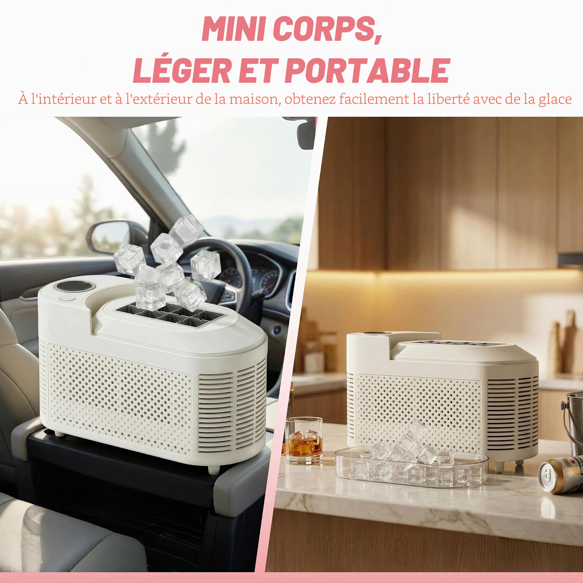 Machine à glaçons, portable de comptoir, mini appareil automatique à glaçons cubiques pour maison, dortoir, bureau, camping et voyage automobile（8 glace）