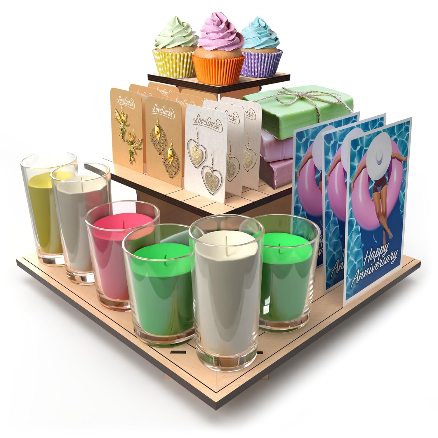 DS THE DISPLAY STORE Corner Natural Wooden Tiered Display Stand for Vendor Events, Display Shelves for Craft Shows, Farmers Market, Tradeshows, Earring Display, Card and Sticker Stand, Candle display
