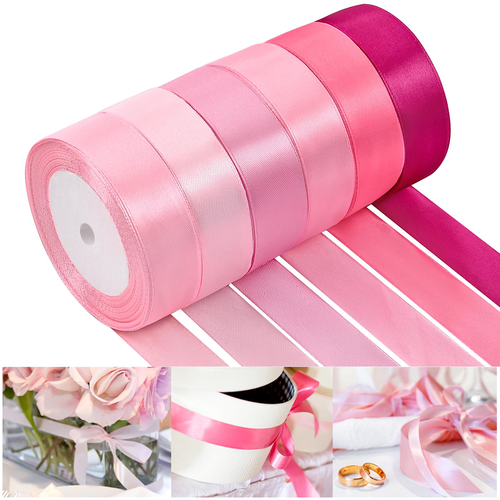 NACHLYNN 150 Yards Rainbow Satin Ribbon Wide Polyester Fabric Ribbon Use for Gift Wrap Wedding Bridal Baby Shower Bows Decor Flower Bouquet Crafts (Pink