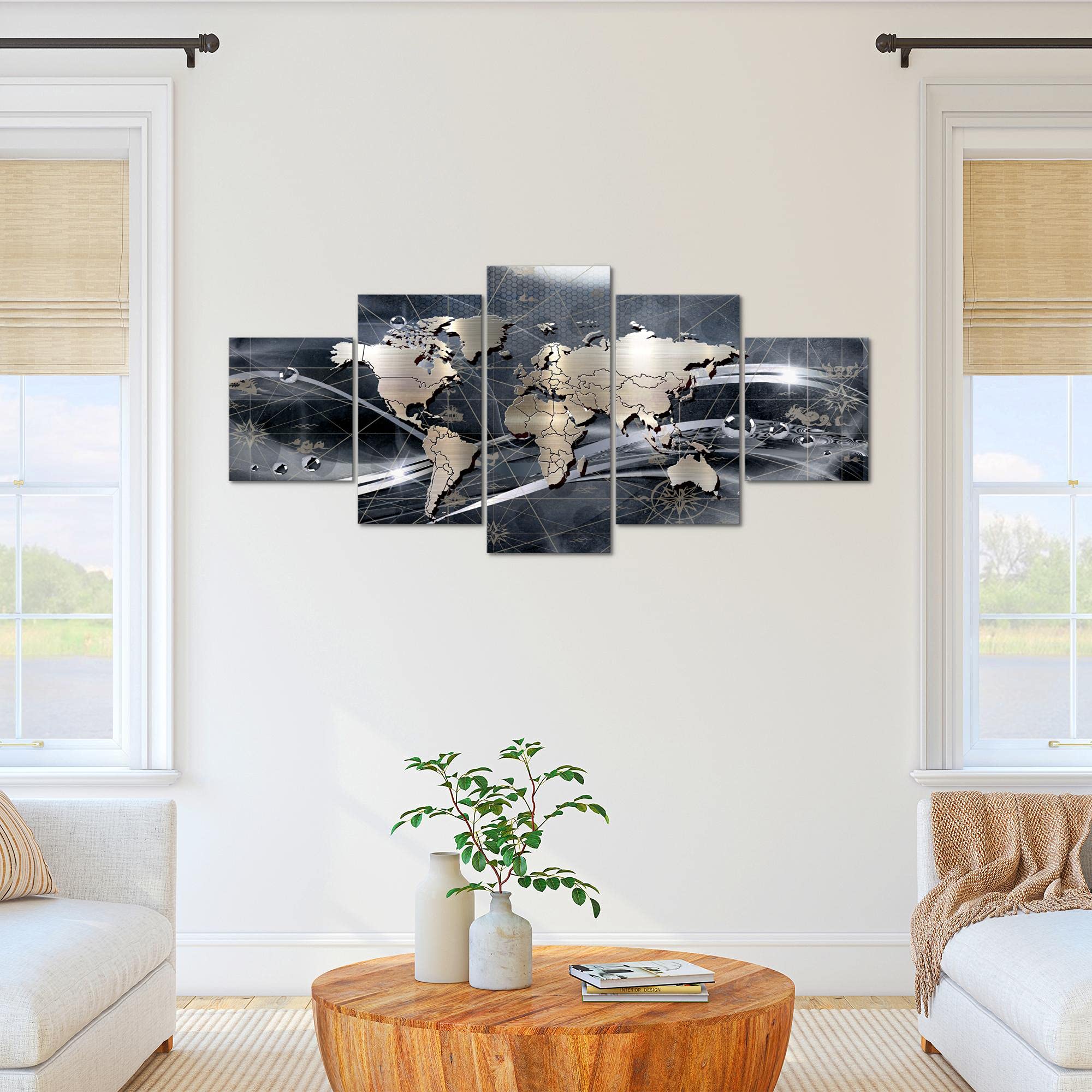 Runa Art - Quadri Mappa Del Mondo 200 x 100 cm 5 Pezzi XXL Decorazione Murale Design Grigio 106851c
