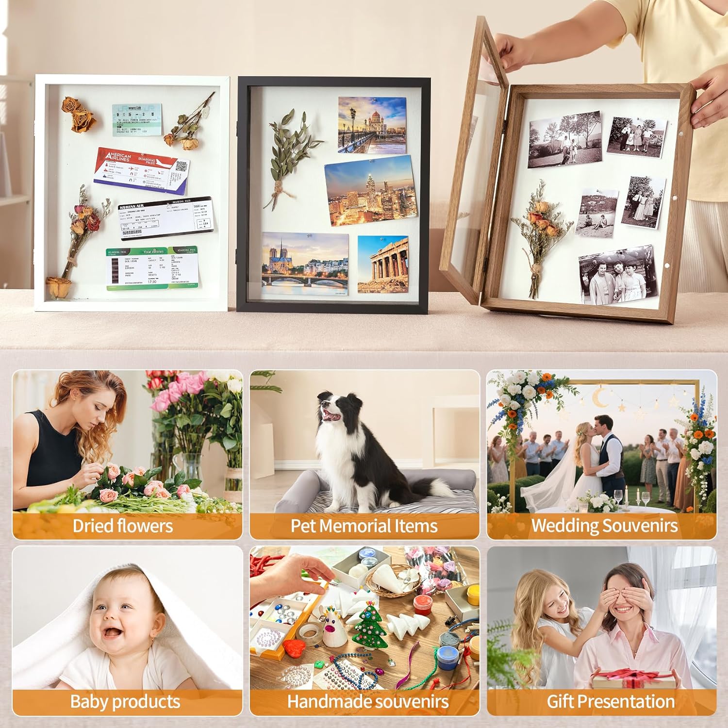 11x14 Deep Shadow Box Picture Frame Display Case with Linen Back and Stand,Real Glass Black Shadow Memory Box Frame 11x14 for Graduation Flower Medal Baby Pet Photo Art Craft Memorial Gift