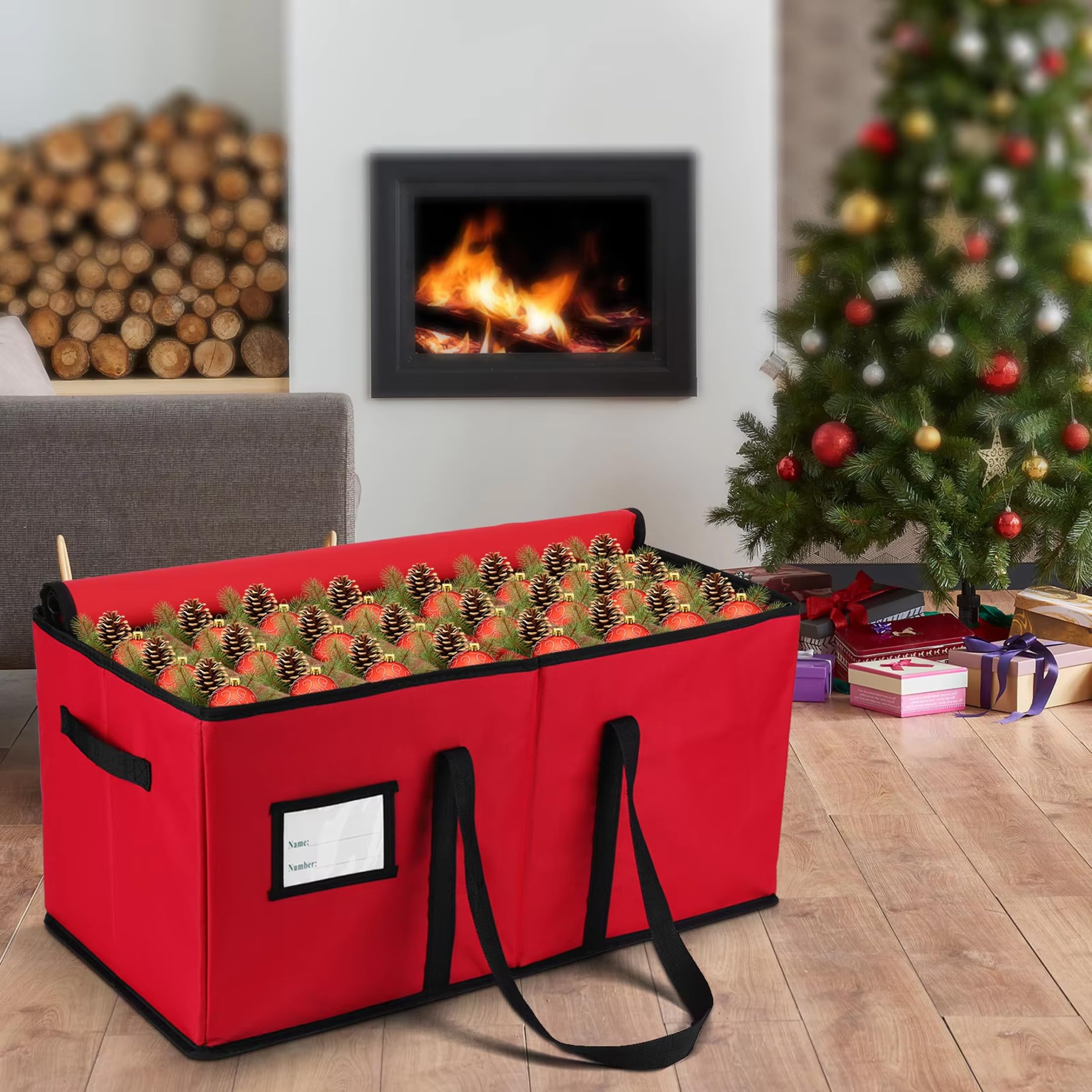 Organizador de adornos navideños con 128 compartimentos y asa, color rojo
