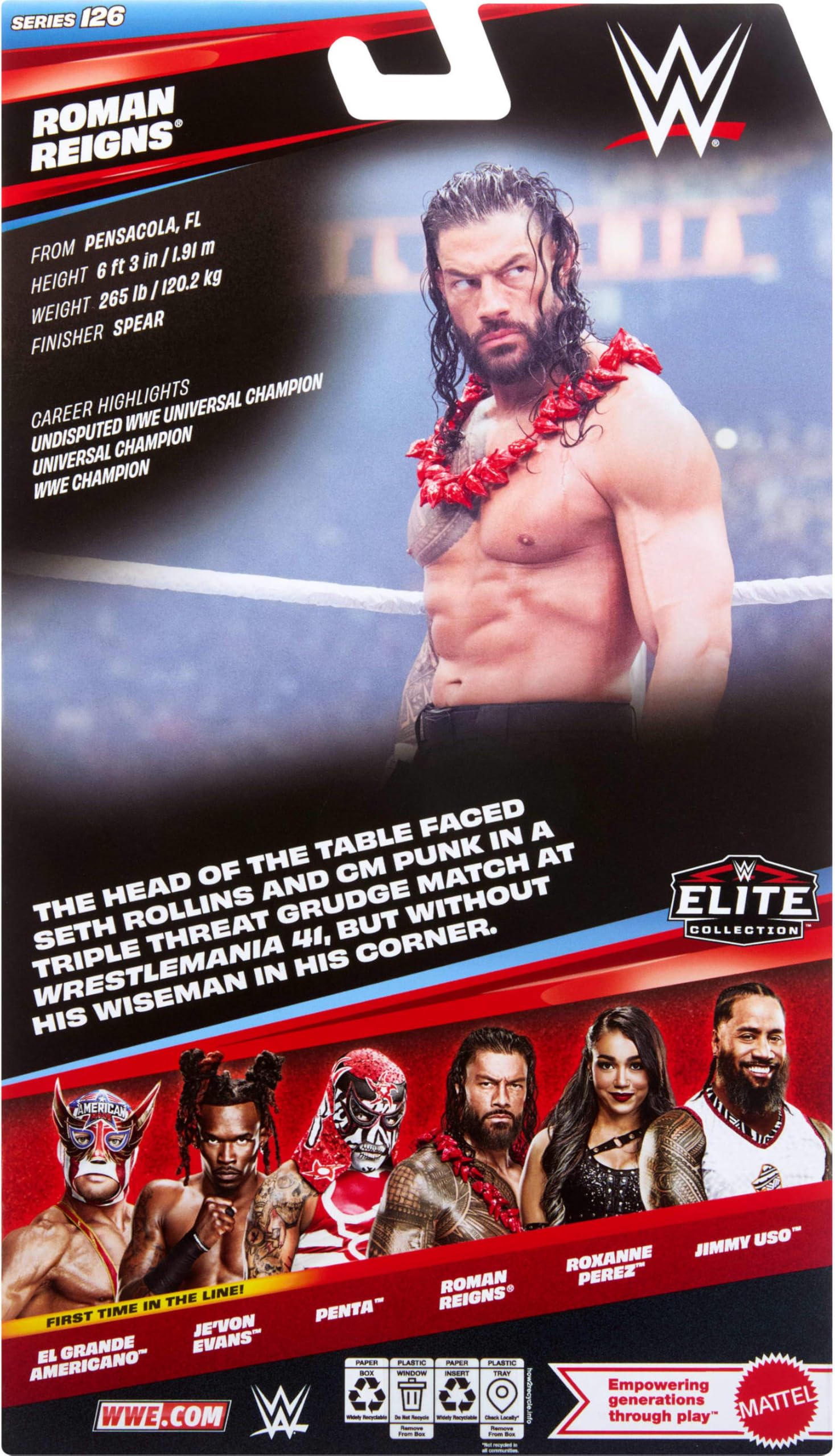 WWE Elite figurka i akcesoria, seria #126, zestaw 15 cm, kolekcjonerskie rzymskie panowanie z 25 punktami artykulacji i wymiennymi rękami