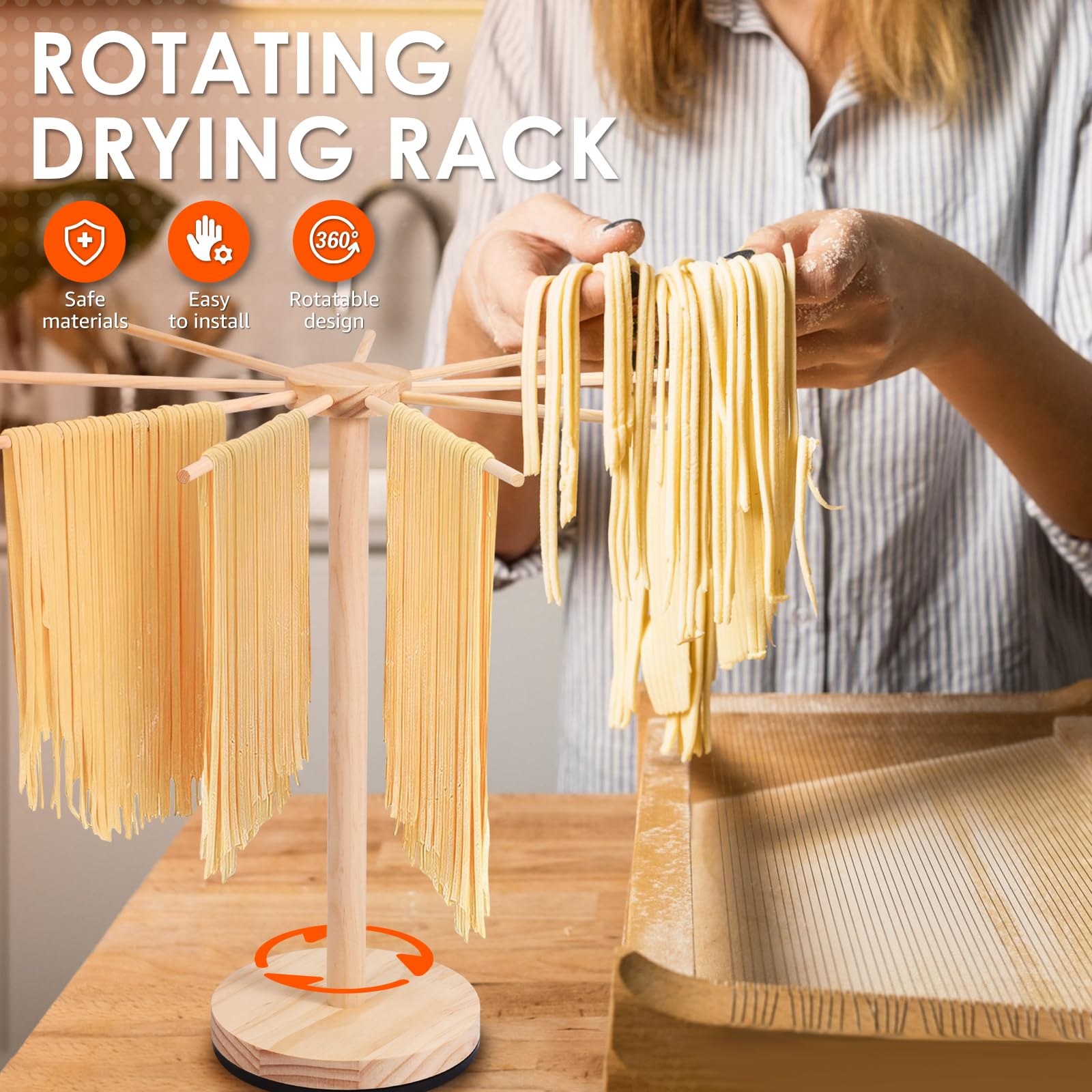 Scolapiatti Per Pasta In Legno Di Pino | Asciugatore Girevole 360° Con 9 Aste | Salvaspazio Per Cucina