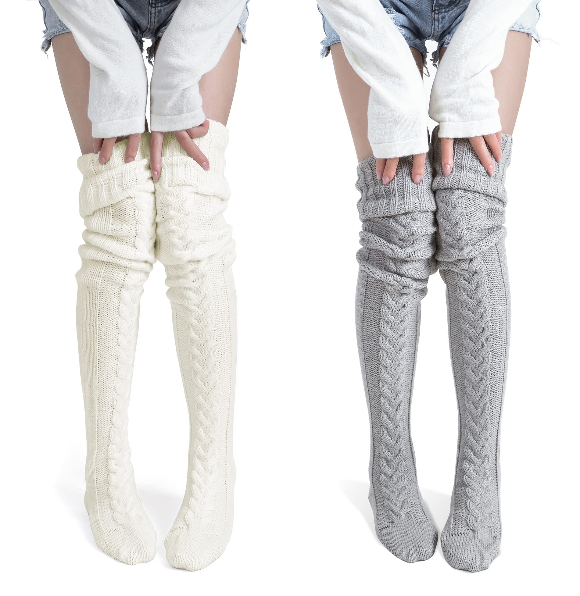 Pcavin Women's Thigh High Socks Over the Knee Cable Knit Boot Socks, Long Warm Fashion Leg Warmers Winter: One Size 2pcs-white&gray