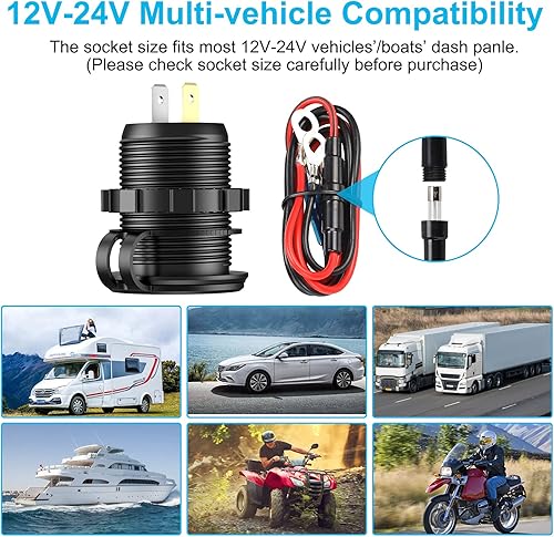 Miniatura 7 de Cargador USB dual 3.0 de carga rápida, toma de corriente de aluminio de carga rápida, con voltímetro digital LED y fusible de cable, para coche de