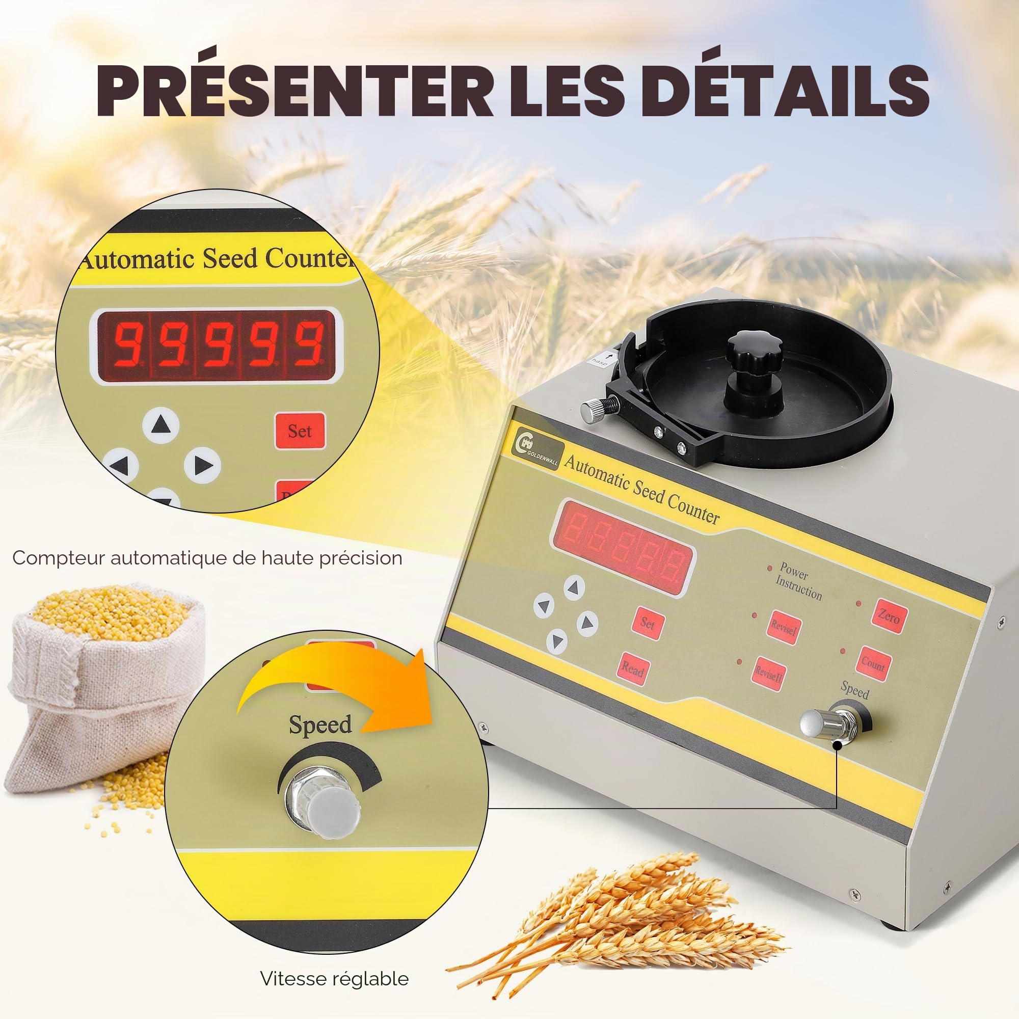CGOLDENWALL Graines Compteur Automatique Comptage Machine avec Bouton de Réglage de Dégagement pour Divers Formes Graines SLY-C