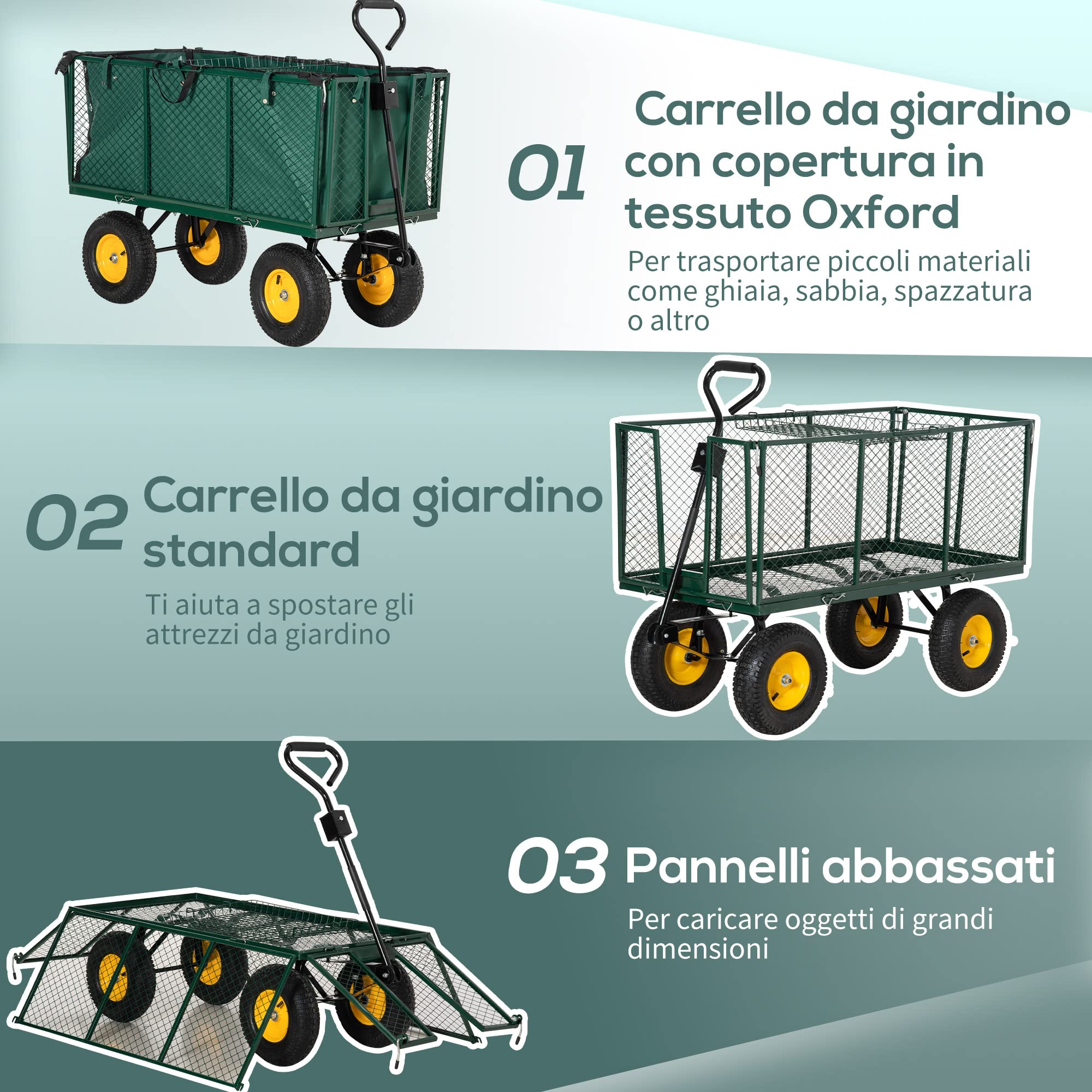 Outsunny Carrello da Giardino 342L con Maniglia Pareti Laterali Ribaltabili e 4 Ruote, 138x57x84cm, Verde