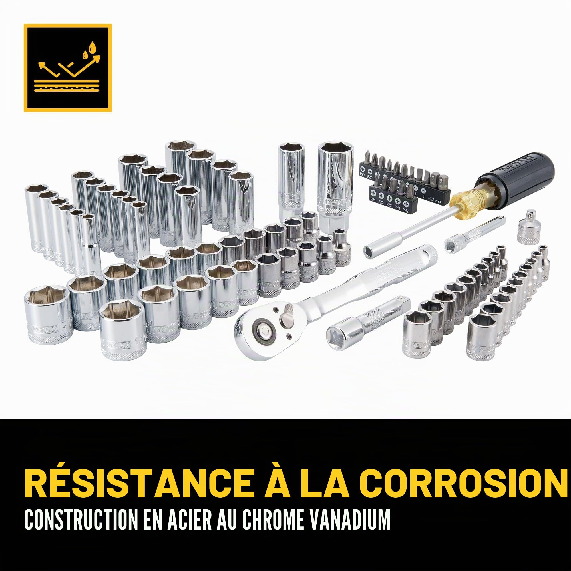 DEWALT DWMT45424 Ensemble d'outils de mécanicien, 84 pièces SAE/métriques avec cliquet à profil bas 72 dents, entraînement 6,35 mm