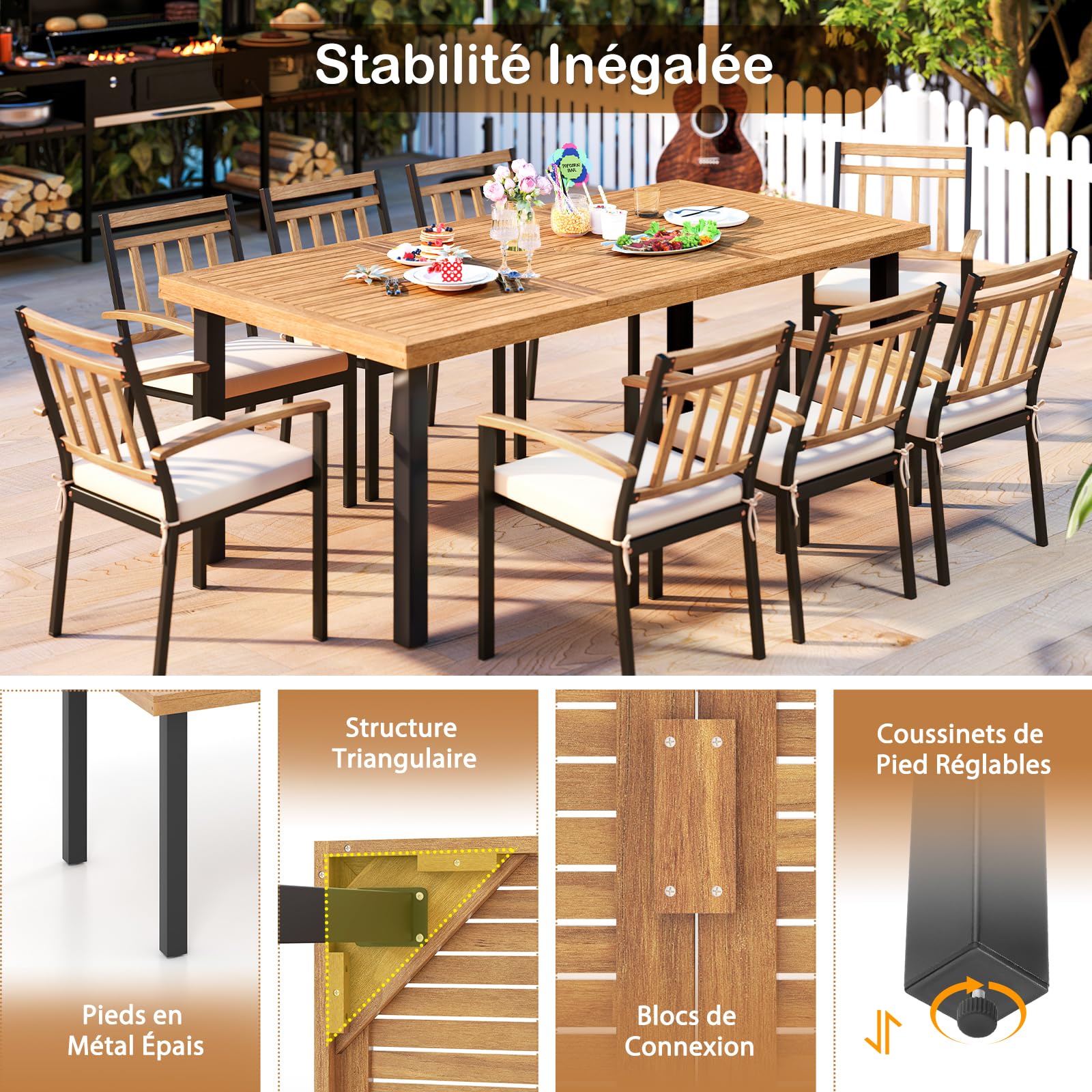 GOPLUS Table de Salle à Manger en Bois d'Acacia FSC 200 x 100 x 75 cm pour 8 Personnes avec Trou pour Parasol