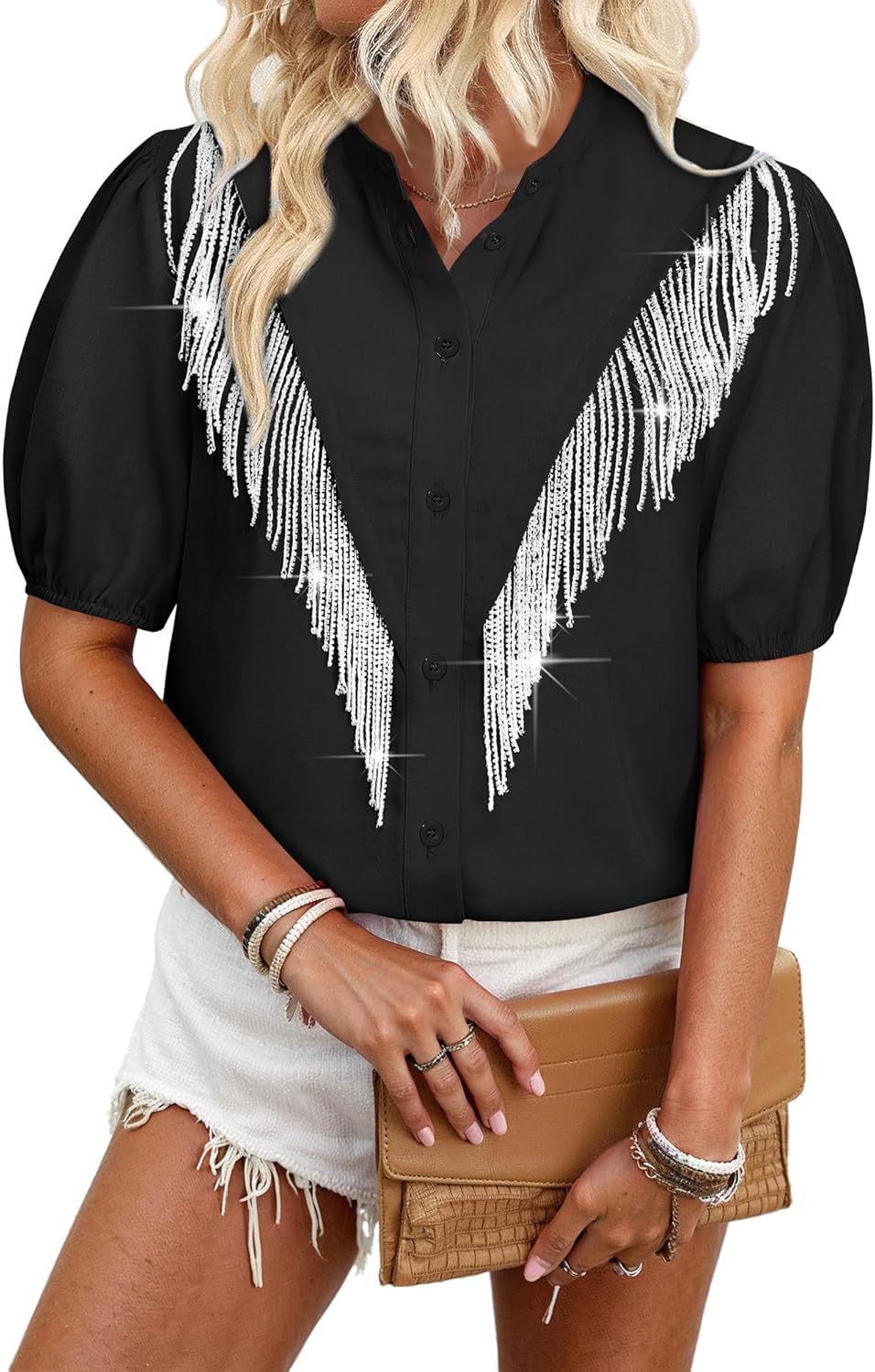 MYMORE Women's 2025 Puff Short Sleeve Western Cowgirl Button Down Shirt Sparkly Fringe Tops Nashville Country Concert Outfit
