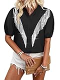 Women's 2025 Puff Short Sleeve Western Cowgirl Button Down Shirt Sparkly Fringe Tops Nashville Country Concert Outfit