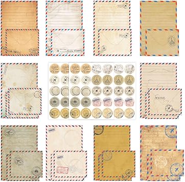 160 Packs Stationery Paper Set 50 Single-Sided Stationery Writing Papers 50 Matching Envelopes 60 Round Dot Sticker, 10 Design Vintage Airmail Stationary Kit Letter Paper,5.5 x 8.25 Inch.