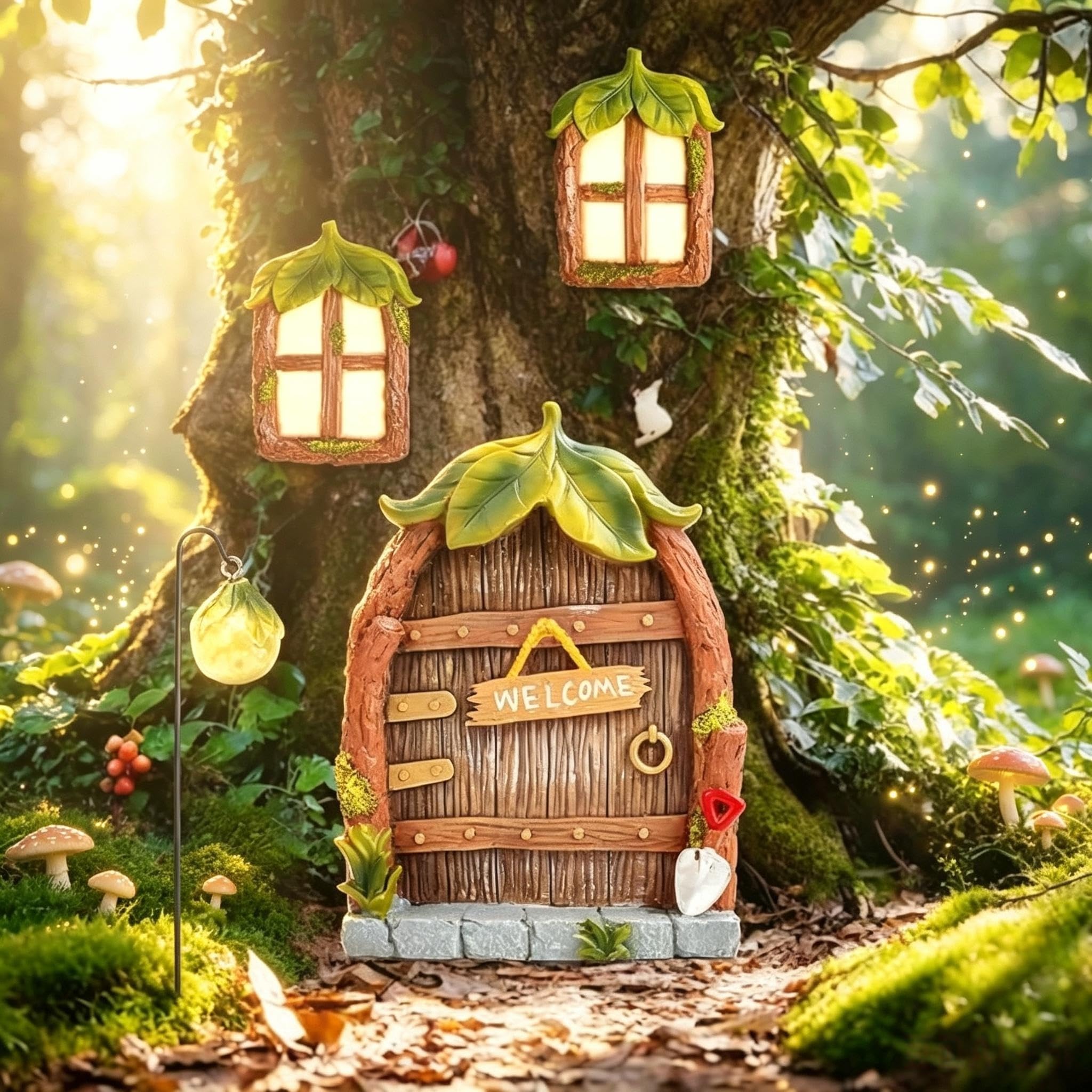 JPqianhao 4 PCS Fairy Door Cabin Set of Miniature Fairy Garden Outdoor Statues Window Door Fairies Gnomes Decor Garden Sculpture Statues Figurines Glow In The Dark House