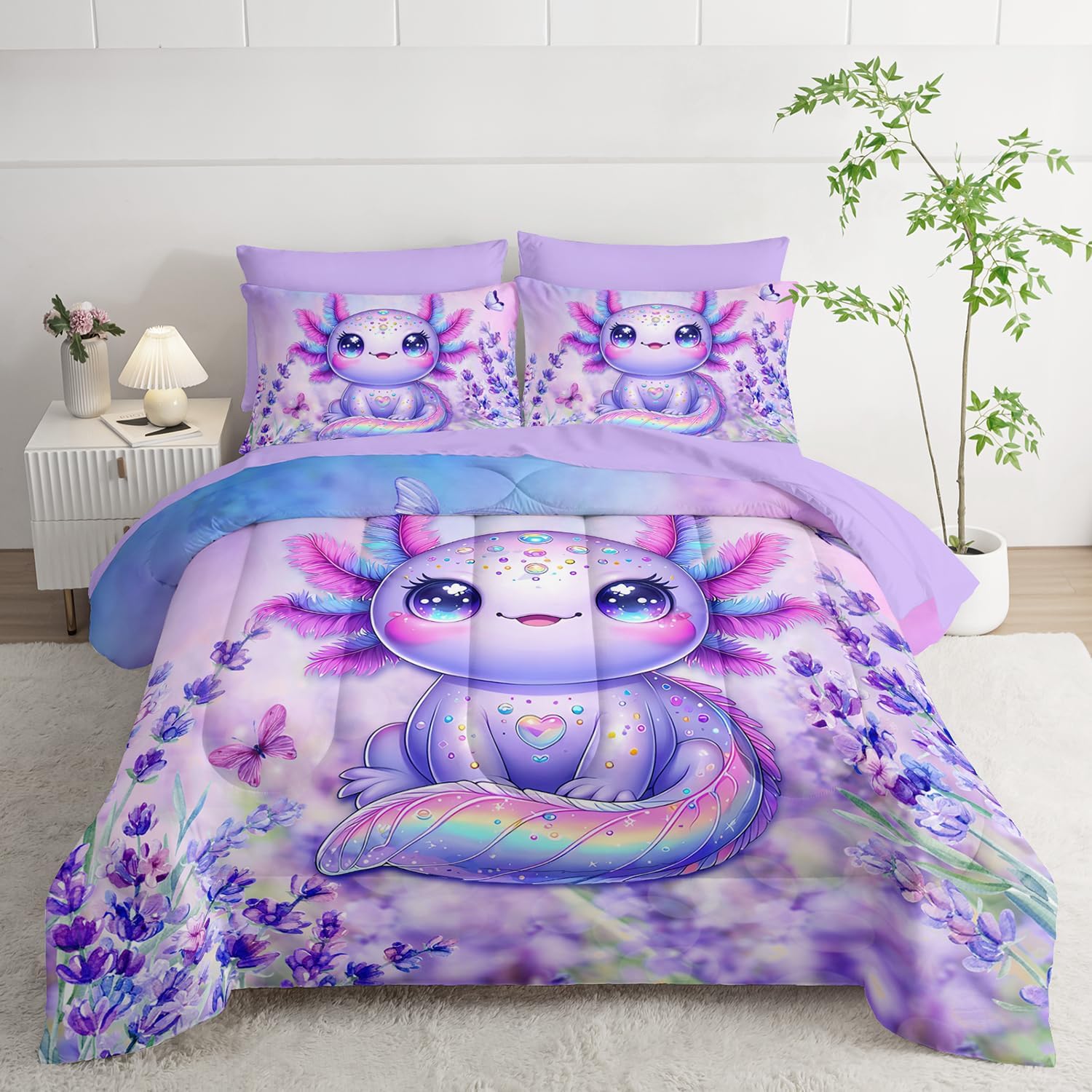 Axolotl Bedding 7 Piece Comforter Set Full Size,Marine Life Themed Bed Set for Toddlers Girls Room Decor,Cute Kids Bedding with 1 Comforter,1 Flat Sheet,1 Fitted Sheet,4 Pillowcases.