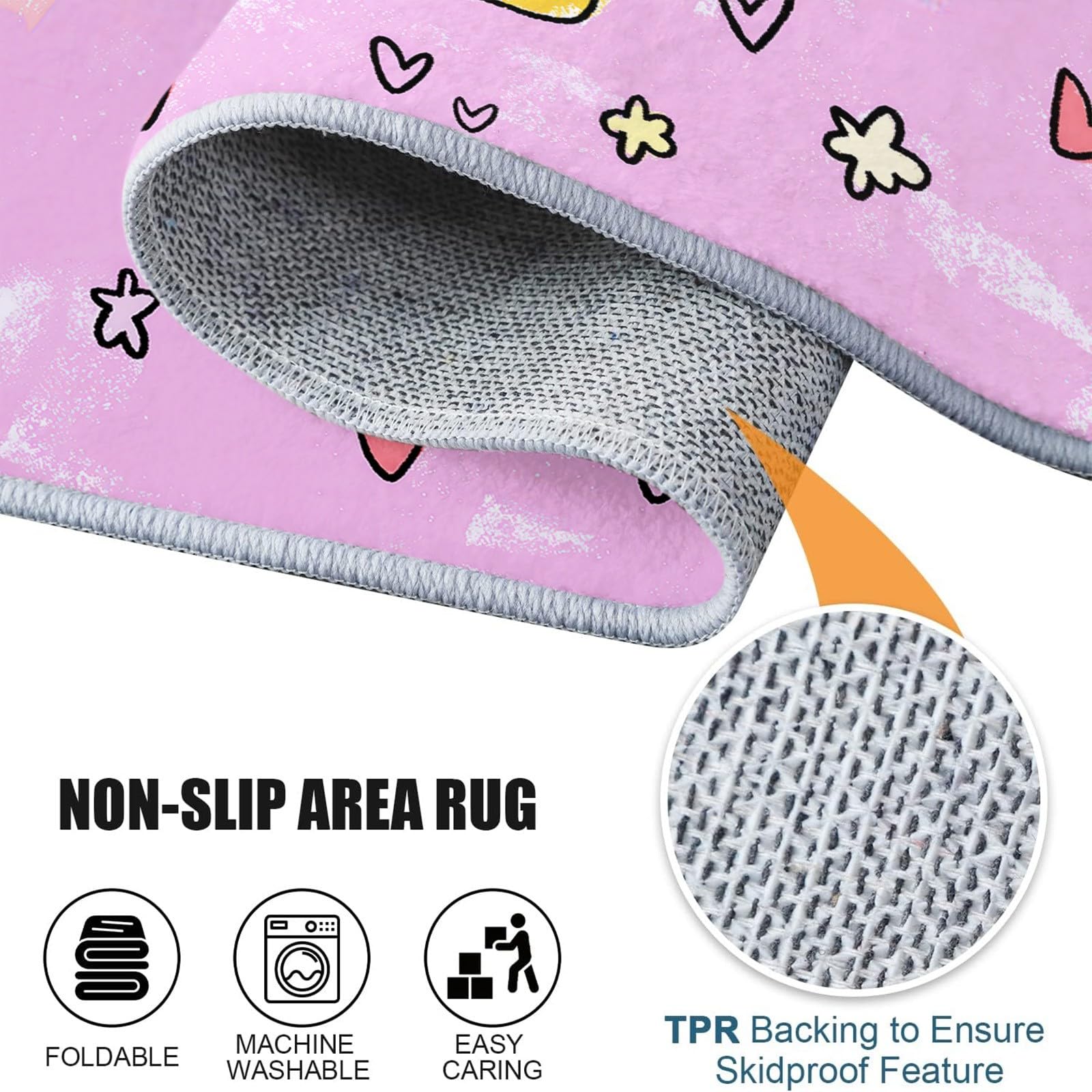 Generisch Cartoon Rund Teppich Handgezeichnete Smiley-Sterne Herzen 150 cm rutschfest Teppiche, Rosa Plüsch Flauschig Weich Runder Teppich Wohnzimmer Schlafzimmer Küche Fußmatte Haustierteppich