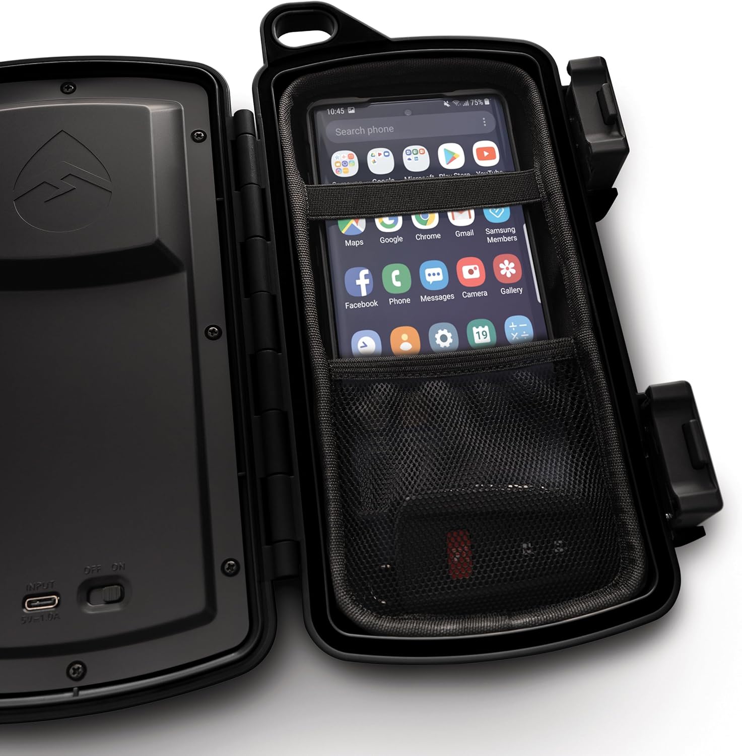 ECOXGEAR EcoExtreme 2 Dry Box Bluetooth Speaker open, showing a smartphone placed inside the mesh pocket with an elastic strap.