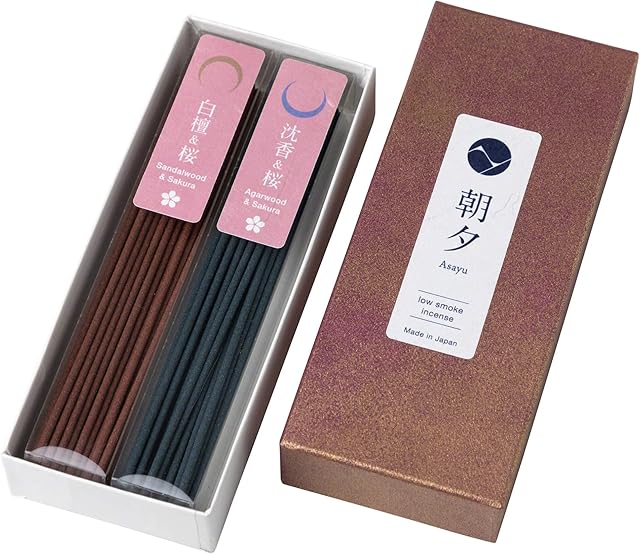 Asayu Japanese Low Smoke Incense Sticks, Sakura Cherry Blossom Blends Scents Set (Sakura + Sandalwood Blend and Sakura + Agarwood Blend), Made in Japan Quality Incense, Variety Gift Pack