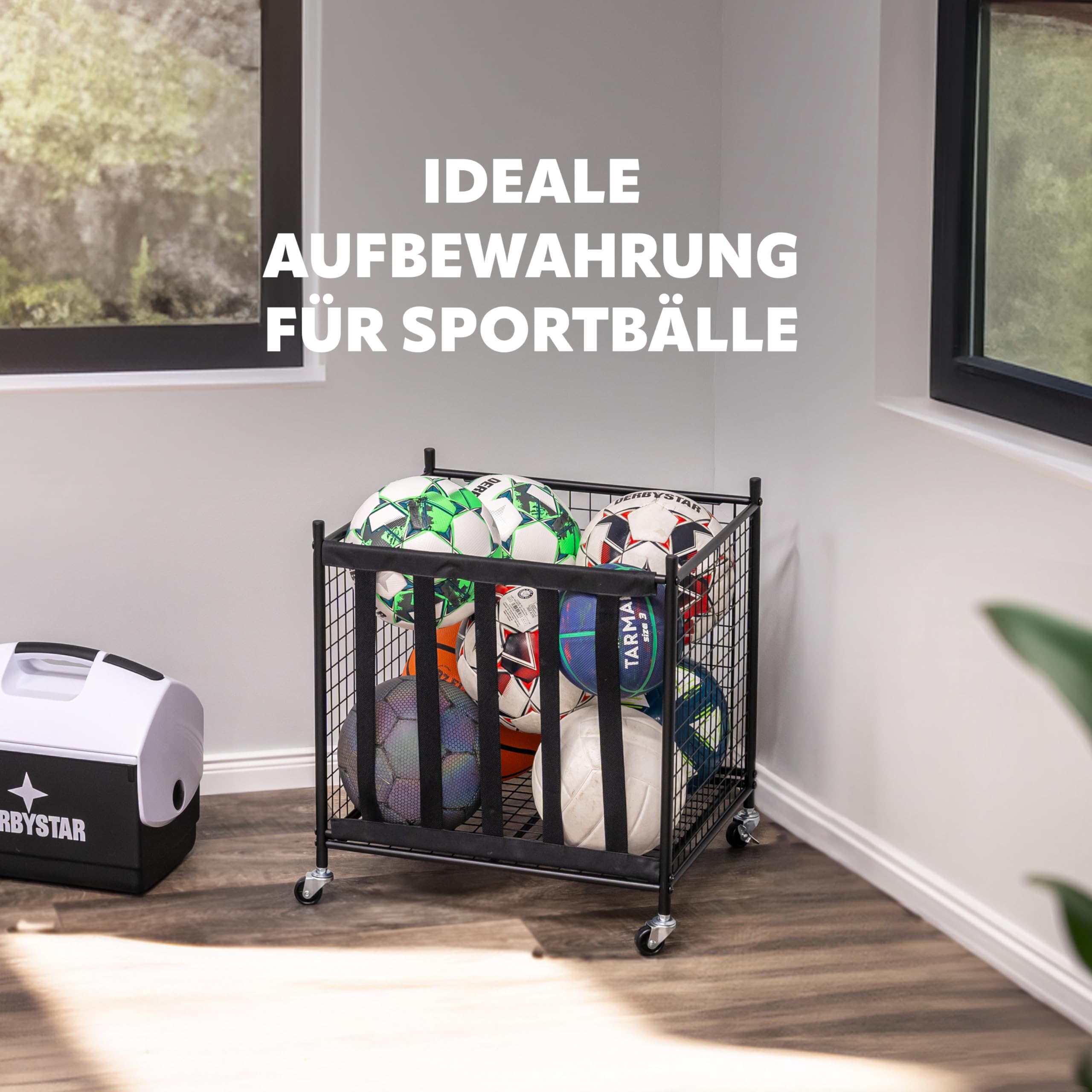 eluno mobiler Sportball-Aufbewahrungswagen stapelbar, Ballwagen zur Aufbewahrung von Fußbällen, Volleybällen, Basketbällen, Handbällen etc. mit 5 Gurten an Einer Seite, aus schwarzem Stahl