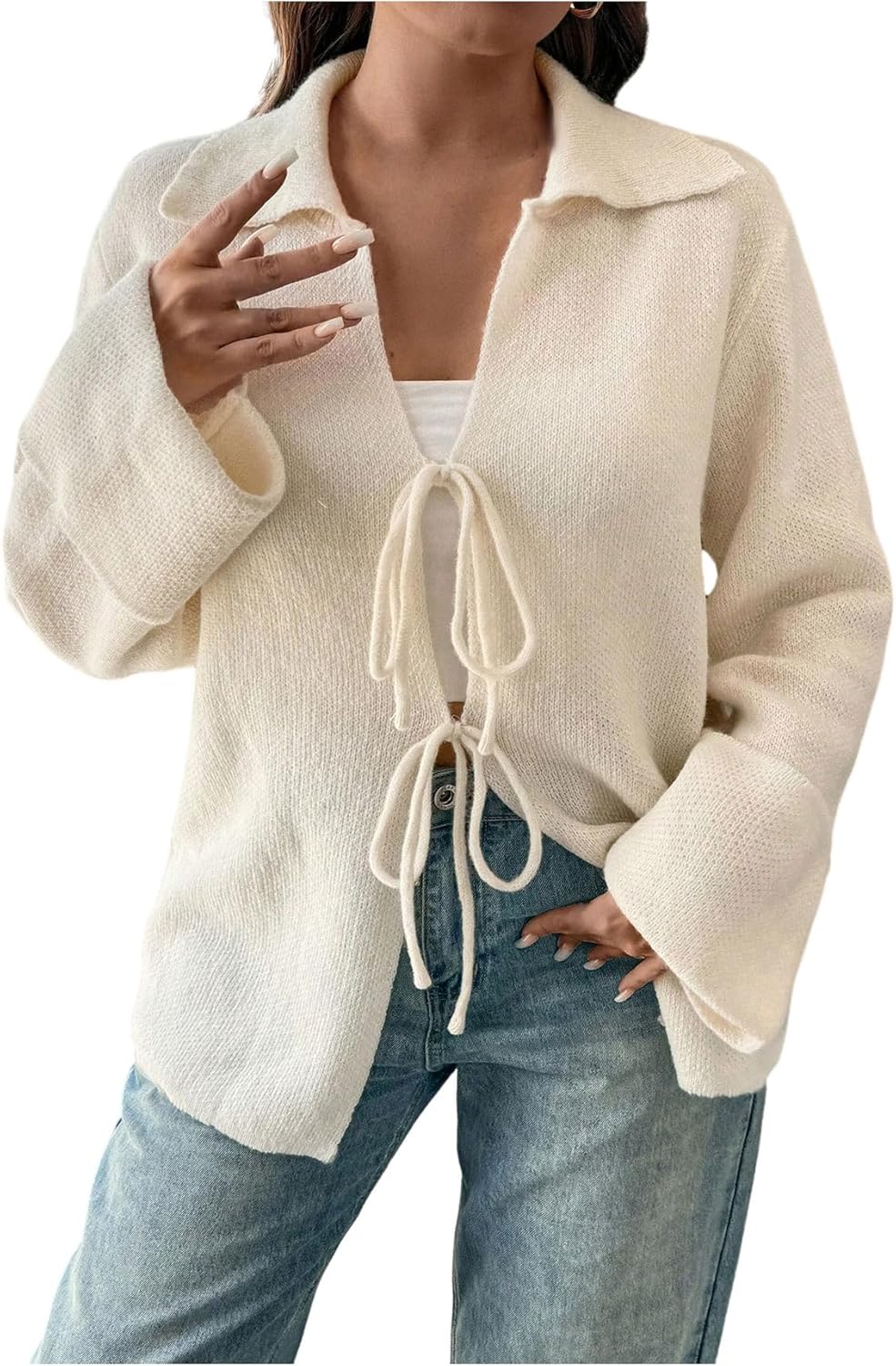 SHENHE Women's Tie Front Cardigan Collared Long Sleeve V Neck Casual Lightweight Knit Top