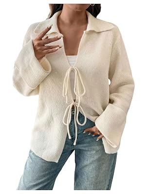SHENHE Womens Tie Front Cardigan Collared Long Sleeve V Neck Casual Lightweight Knit Top