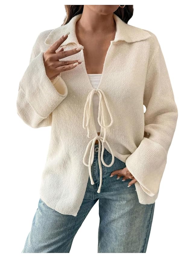 SHENHE Womens Tie Front Cardigan Collared Long Sleeve V Neck Casual Lightweight Knit Top