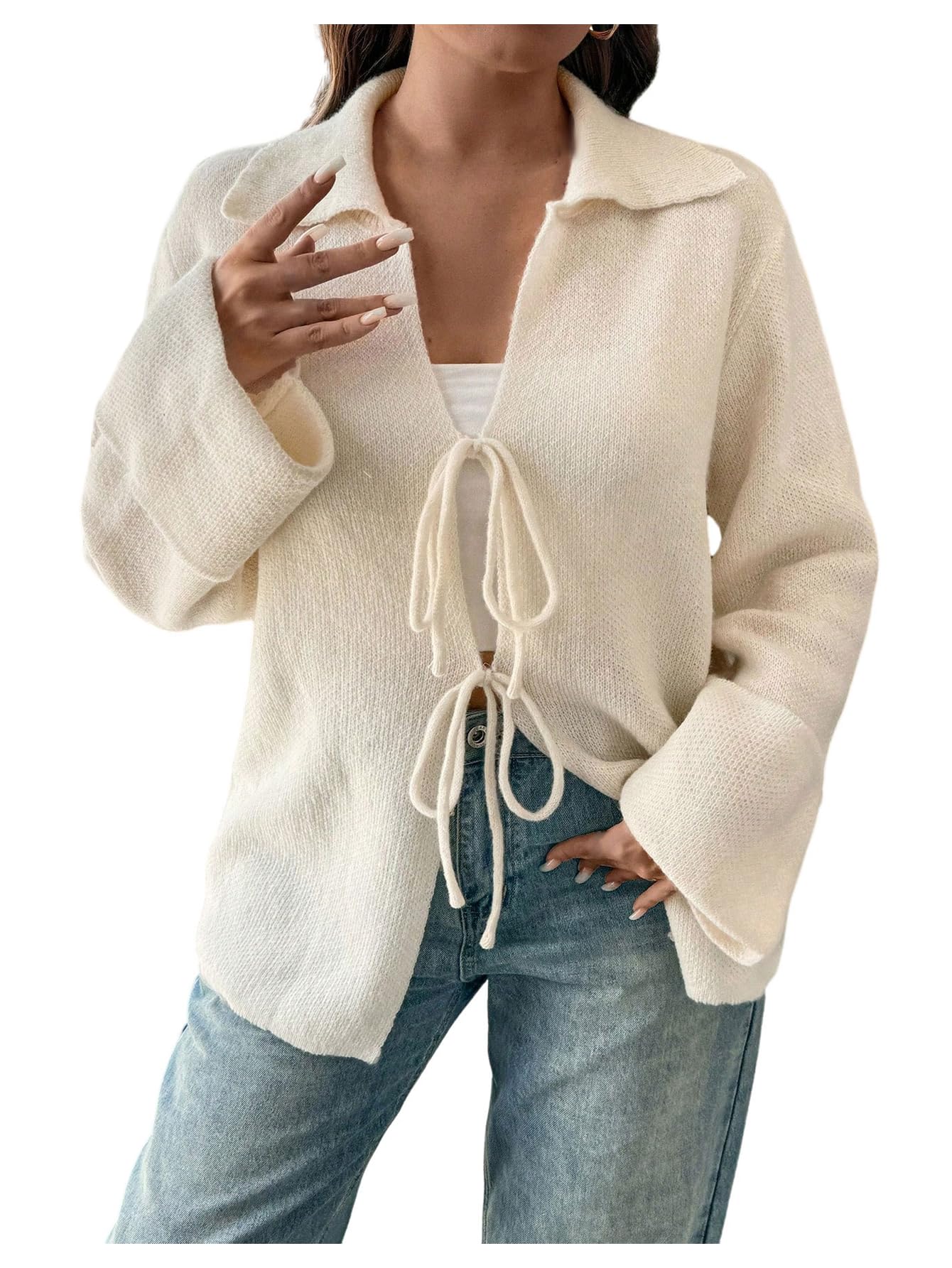 SHENHE Womens Tie Front Cardigan Collared Long Sleeve V Neck Casual Lightweight Knit Top