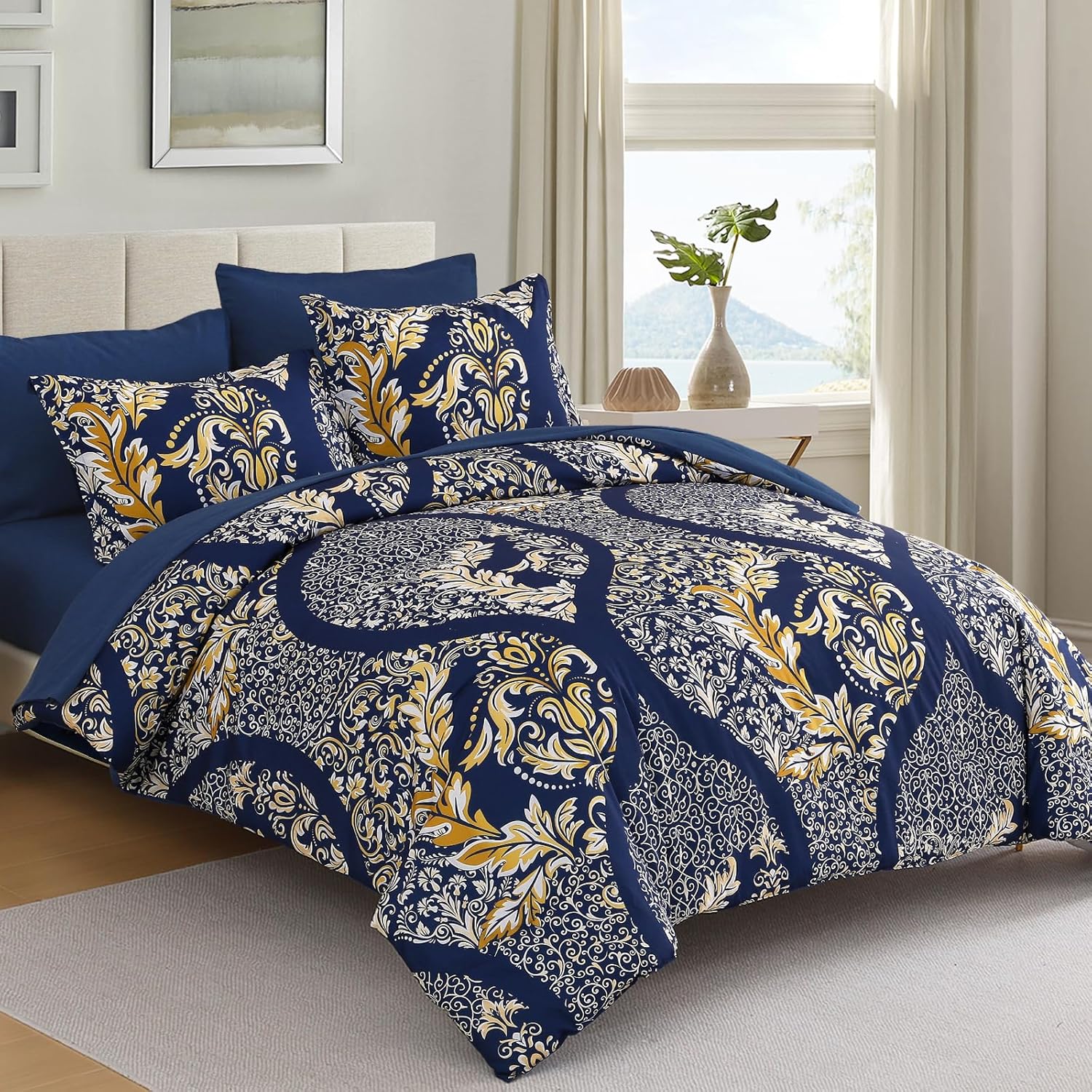 Anibedding Navy Blue Gold Comforter Set King Size, 7 Pieces Bohemian Damask Bed in a Bag Soft Lightweight Microfiber Bedding Set for All Season (104"x90") - Image 2