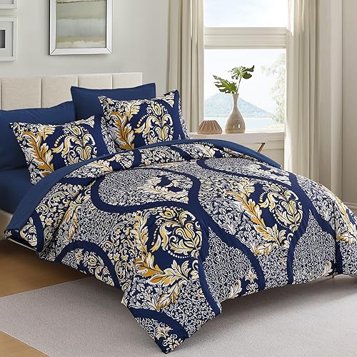 Miniatura 2 de Anibedding Juego de edredón azul marino dorado tamaño Queen, juego de edredón bohemio de damasco de 7 piezas, juego de ropa de cama de microfibra