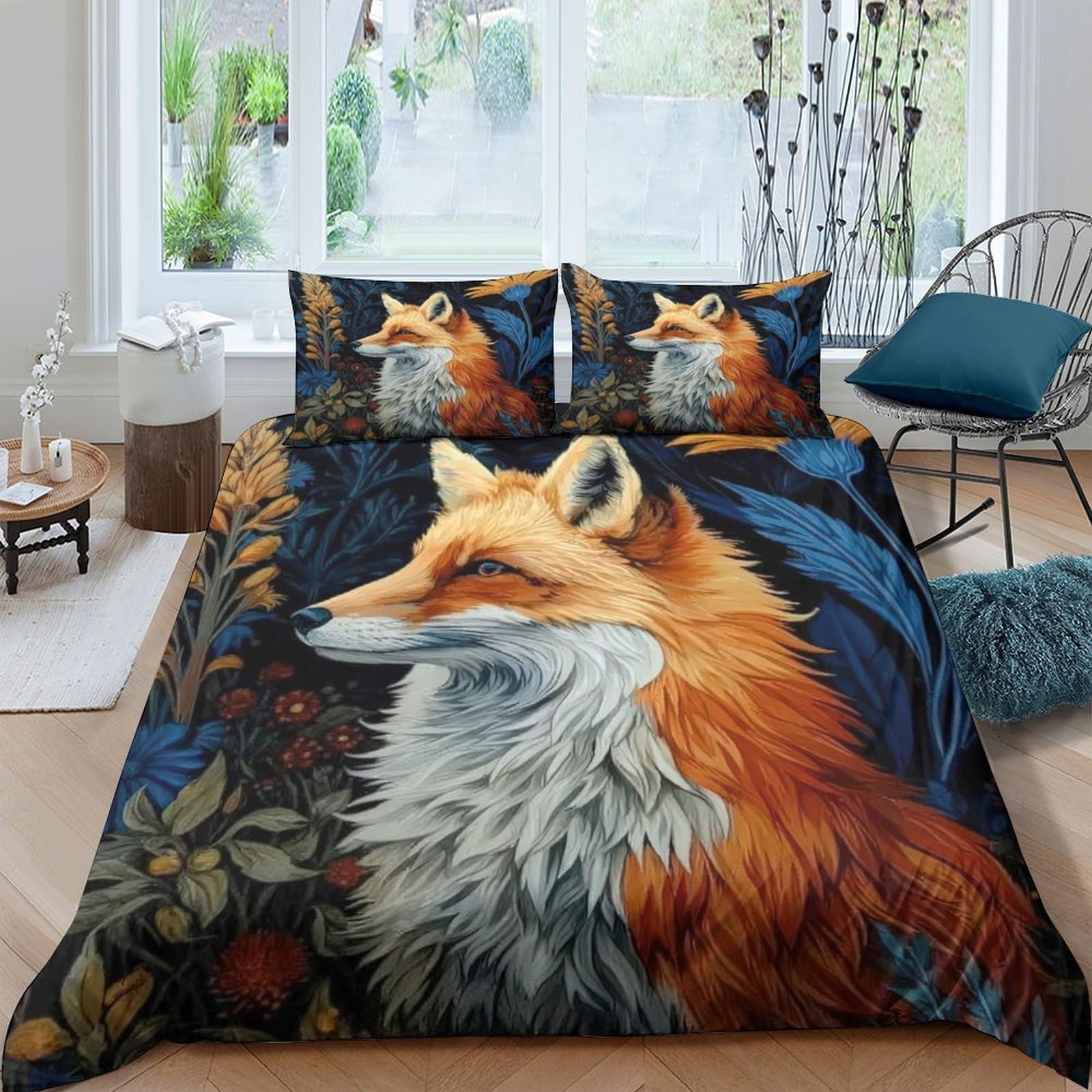 Ctjqhvkz Style-1 3D Printed Fox Forest Fitted Sheet Microfiber Soft Orange Woodland Bed Sheet For Bedroom Dorm Mattress Decor Single（135X200cm）