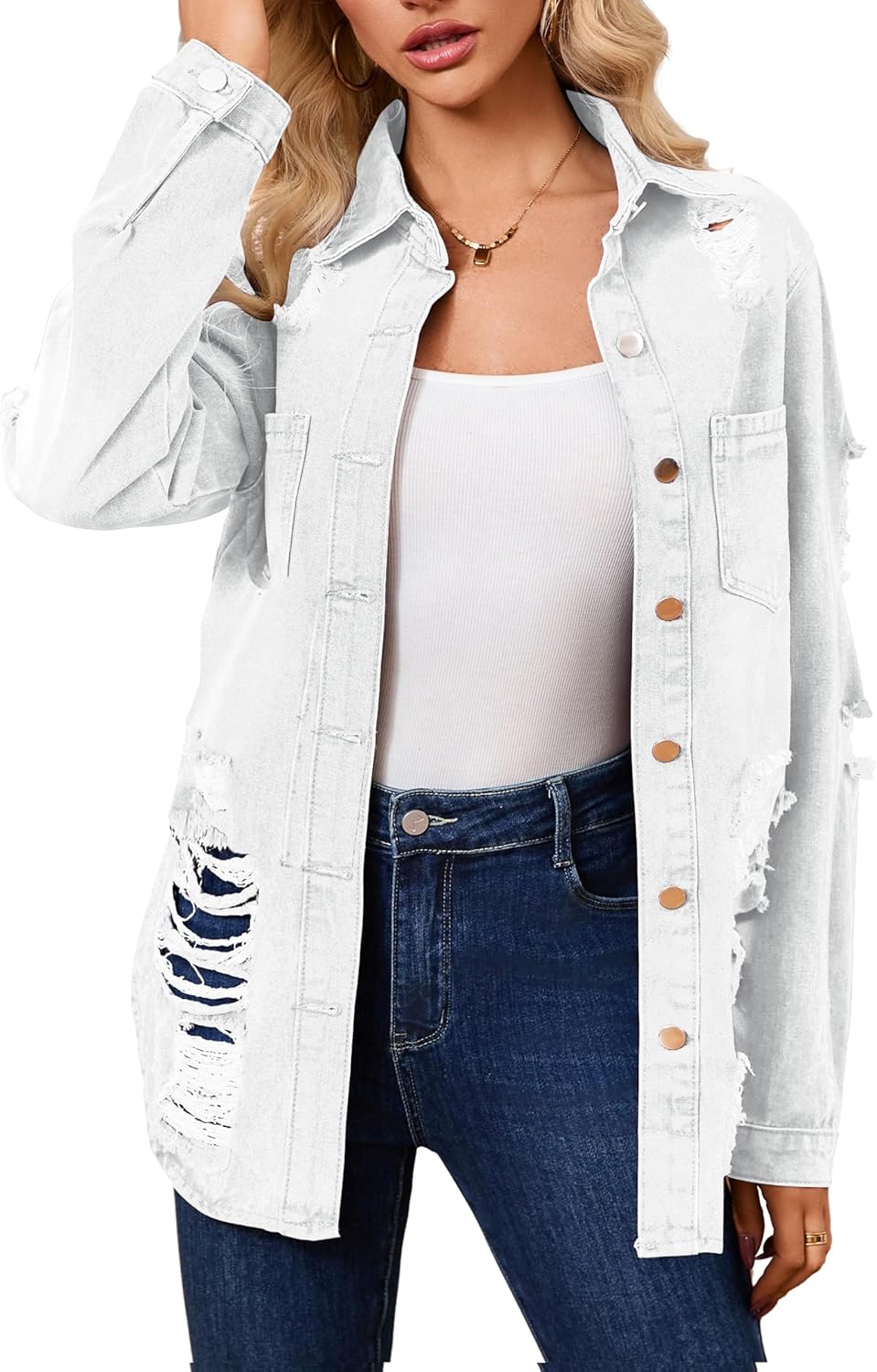 sexycherry Denim Jacket for Women Long Sleeve Classic Trucker Jeans Long Coat Outwear with Pockets - Image 5