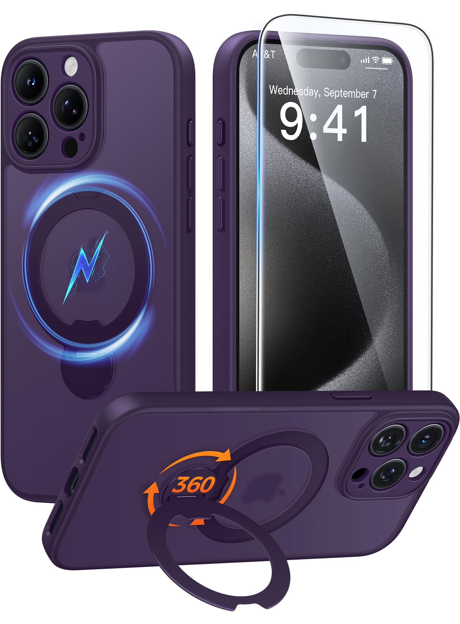 Photo 1 of FNTCASE for iPhone 15 Pro-Max Case: [360 Spin Magnetic Stand] [Compatible with Magsafe] [Screen Protector] Translucent Matte Military Grade Shockproof Full Camera Protective Phone Cover - Purple