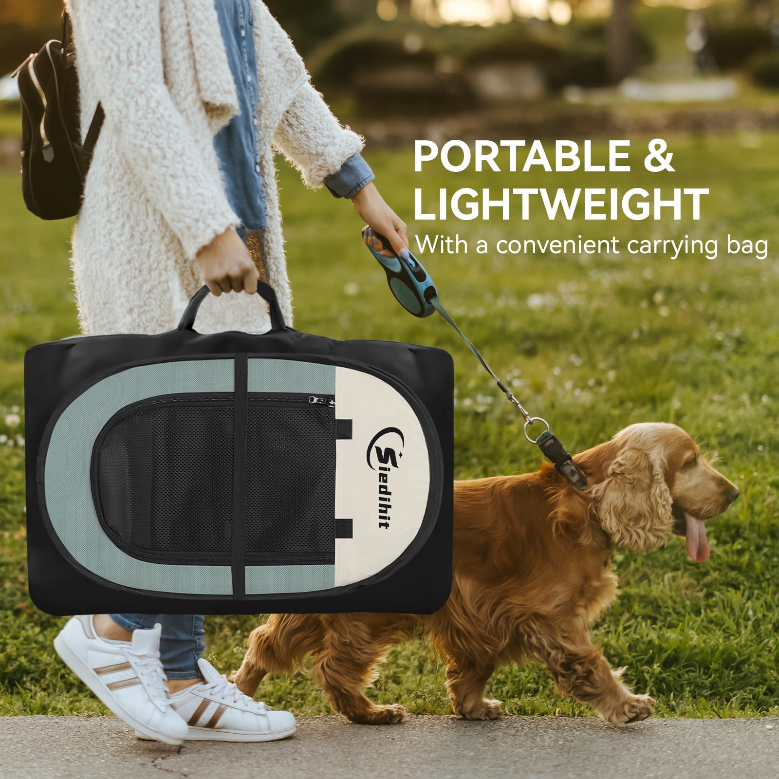 Siedihit - Recinto pieghevole grande per cani, gatti, conigli e cuccioli, per interni ed esterni, portatile, con custodia per il trasporto, parte superiore rimovibile con cerniera, M, grigio