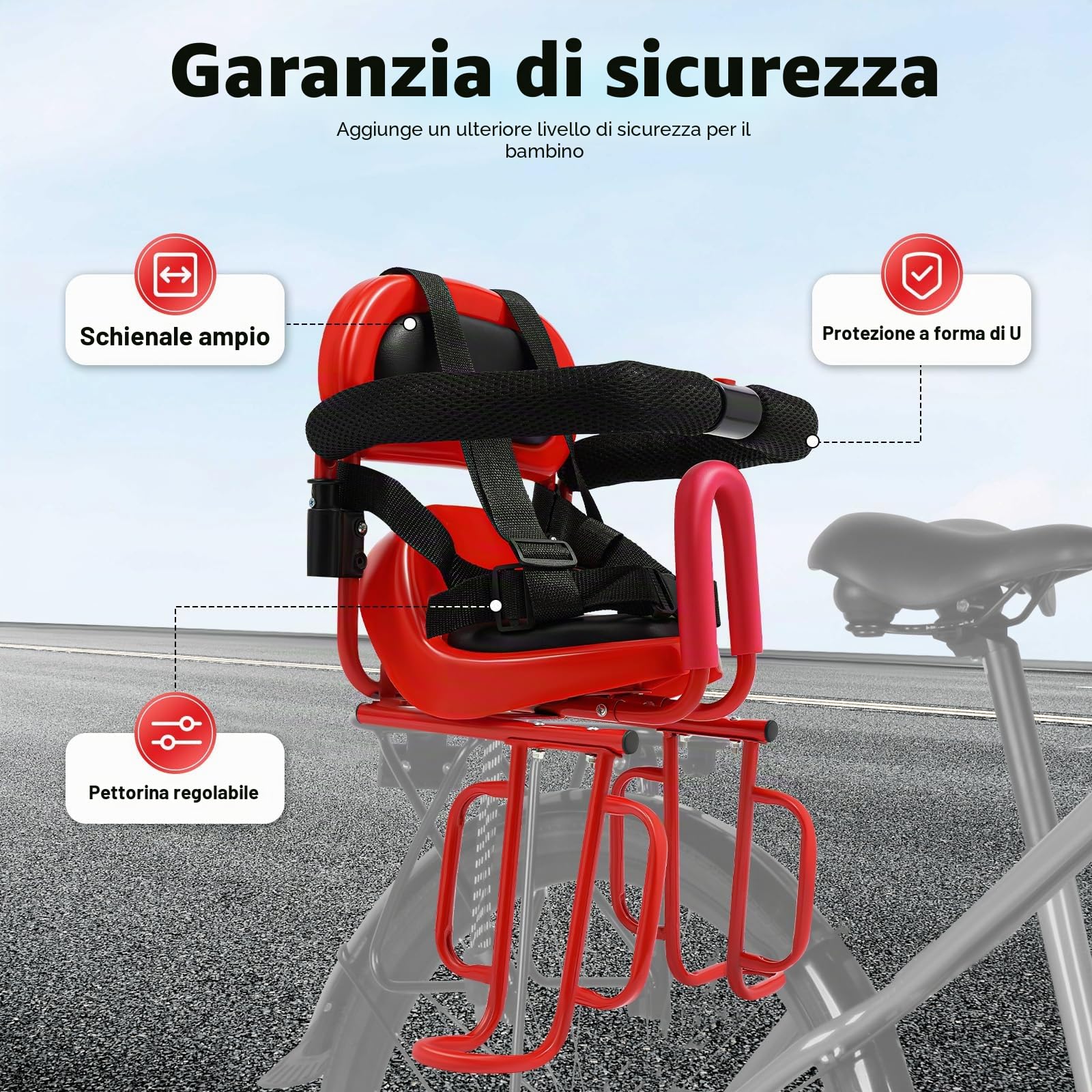 Seggiolino per bicicletta da 6 mesi-6 anni con cintura di sicurezza e ringhiera a U, adatto per la maggior parte delle biciclette come biciclette pieghevoli, mountain bike elettrica