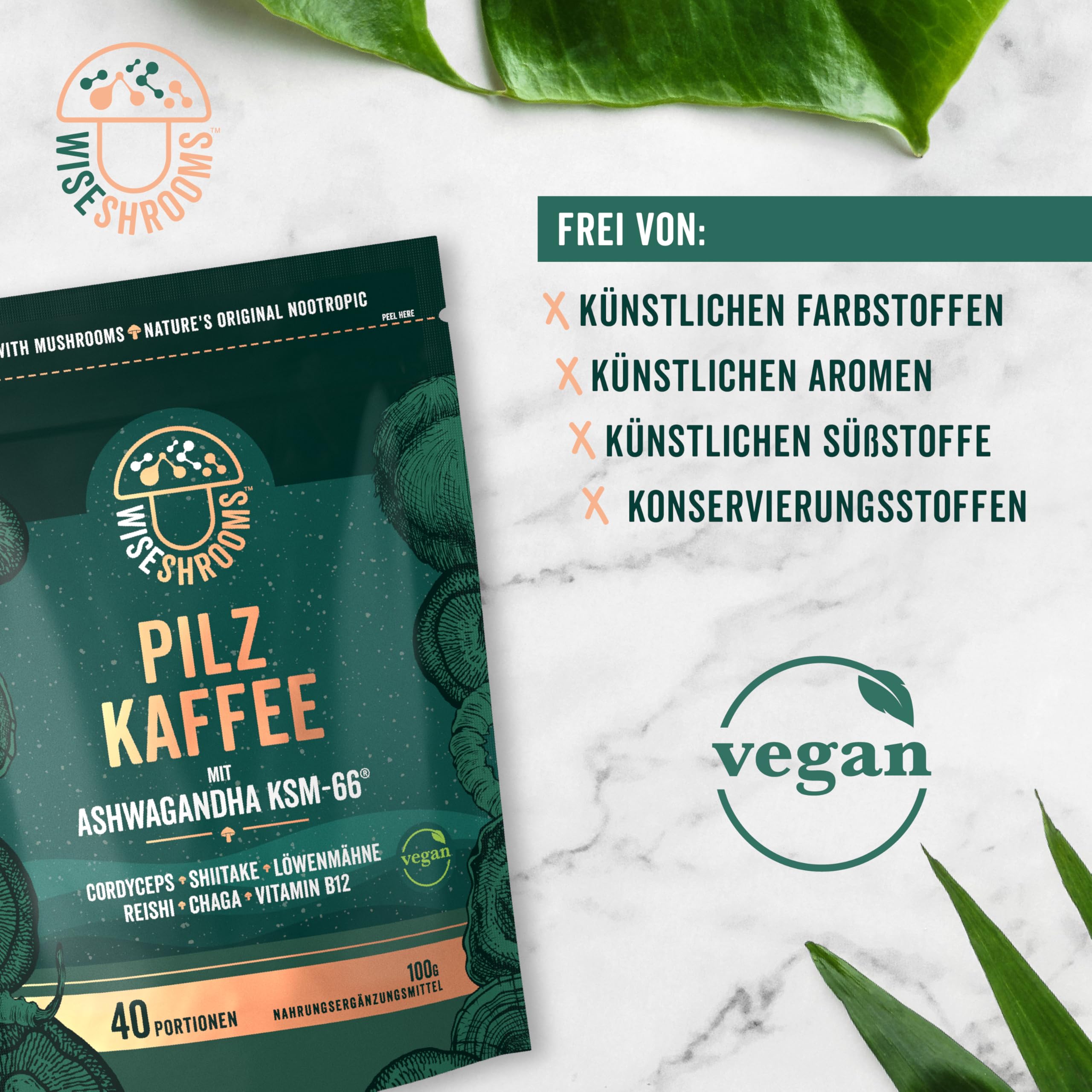 Pilz Kaffee mit Ashwagandha KSM-66 | 40 Portionen | 5 Pilz Komplex mit Löwenmähne, Cordyceps, Shiitake, Reishi, Chaga & Zugesetzt Vitamin B12 | von Wiseshrooms