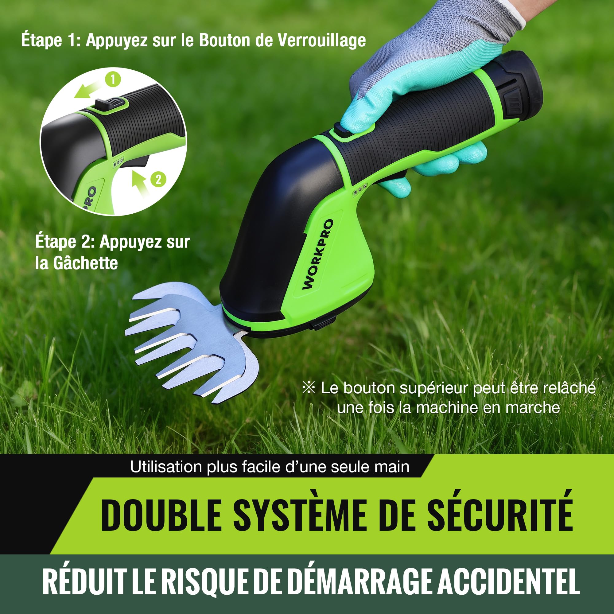 WORKPRO 3-en-1 Cisaille à Gazon et Taille-Buissons sans Fil 12V, Manche Télescopique avec Roues, Batterie Lithium 2000mAh, Lames Acier Précises, Outil Jardin Léger et Ergonomique