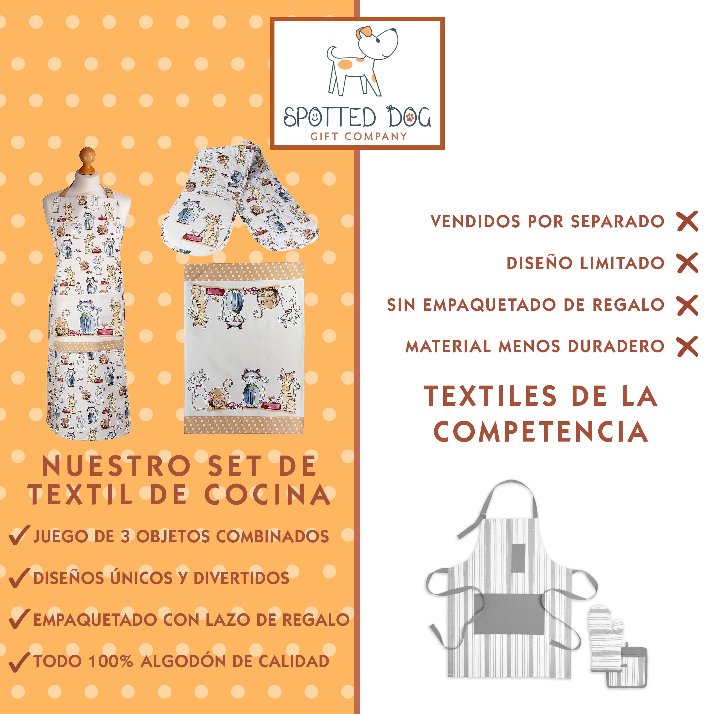SPOTTED DOG GIFT COMPANY Juego de Regalo de 3 Piezas con Delantal, Paño de Cocina y Guante de Horno Doble, Accesorios Cocina Originales de Gatos Bonitos, Regalos para Amantes de los Gatos