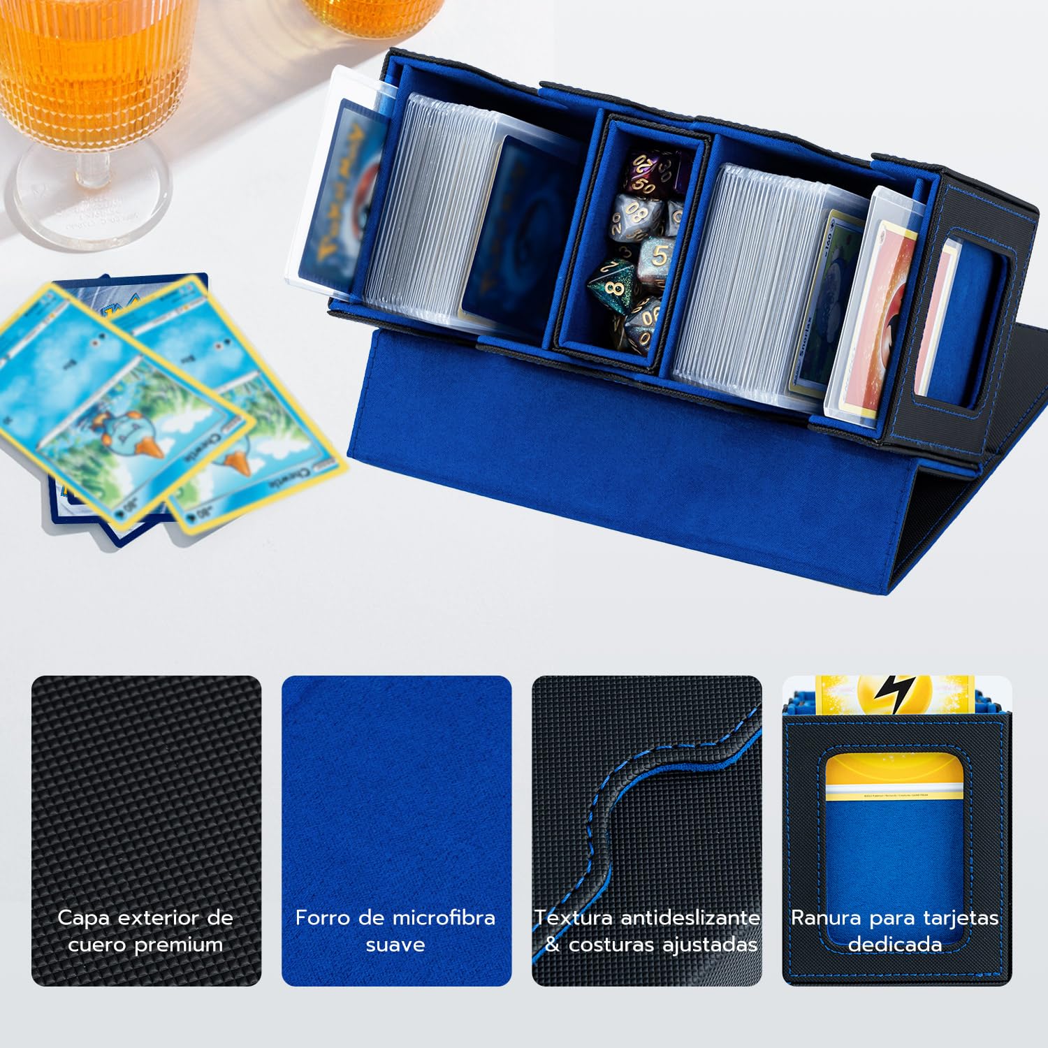 3 en 1 Caja de Cartas para MTG con Compartimiento Dado, 2 Ventanas de Pantalla Lateral, Caja Magnética de Tarjetas Contener 200+ Tarjetas para Cartas de Magic Commander TCG - Negro Azul