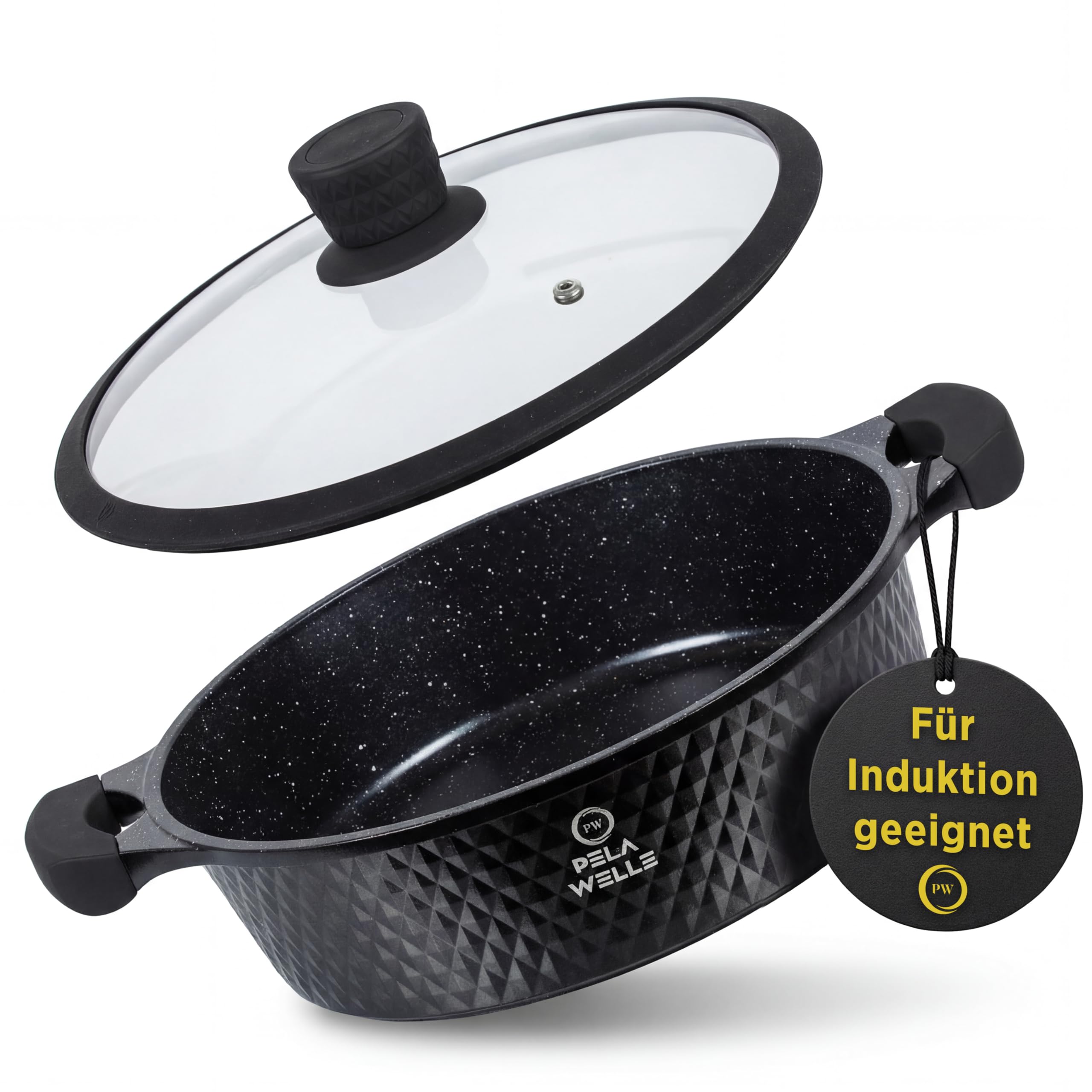 Pela Welle® Bratpfanne 28 cm | beschichtete Pfanne Induktion | Schmorpfanne 28 cm hoher Rand | frying pan induction | Keramikpfanne | Schmorpfanne mit Deckel | Brat- & Universalpfanne | Schwarz