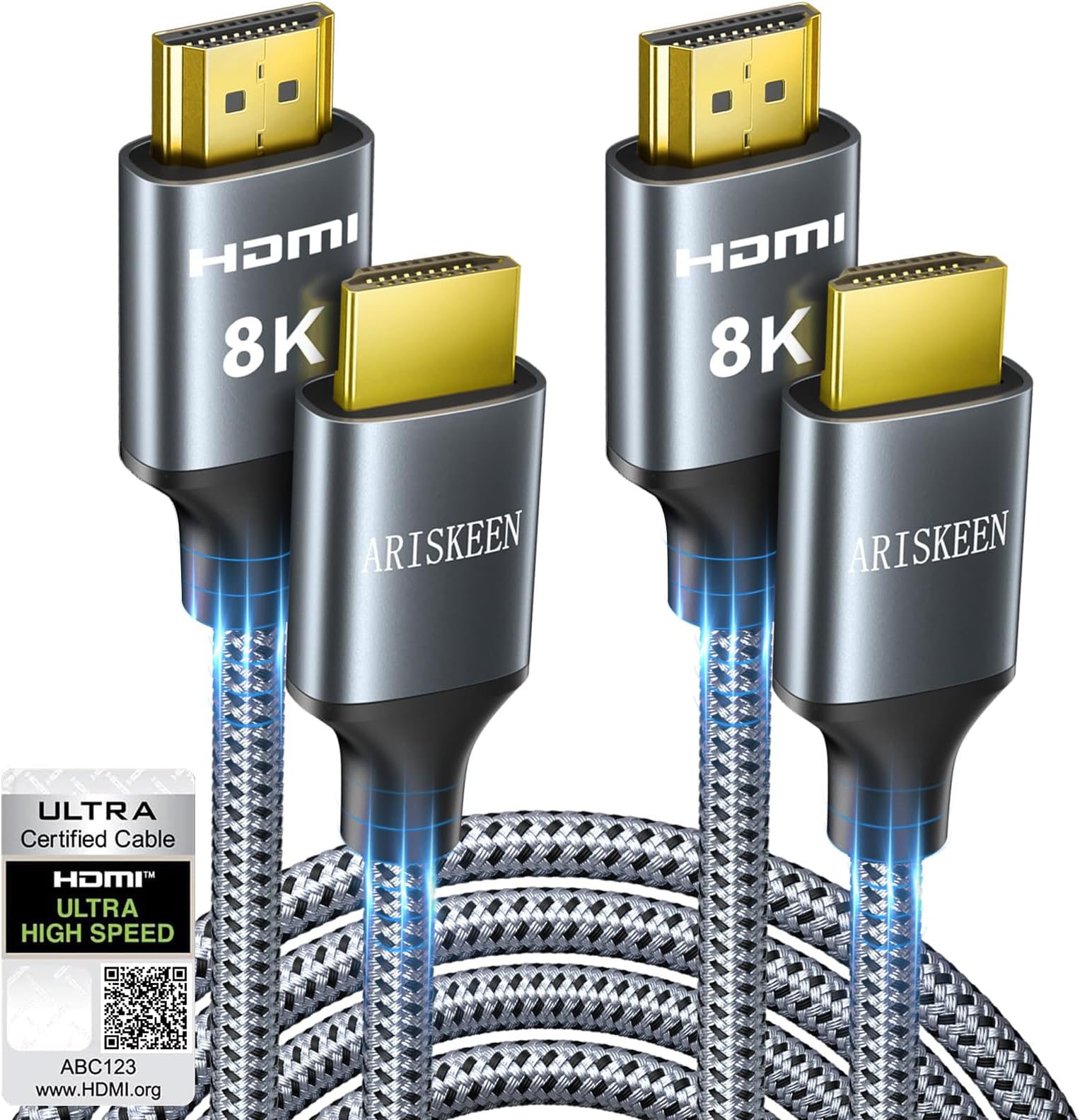 8K HDMI Cable 6FT 2-Pack, 48Gbps High Speed HDMI 2.1 Cable, 8K 60Hz, 4K 120Hz 144Hz Support for HDR 10, HDCP 2.2 2.3, eARC, DTS:X, Braided HDMI Cord Compatible with Laptop/HDTV - 6 Feet