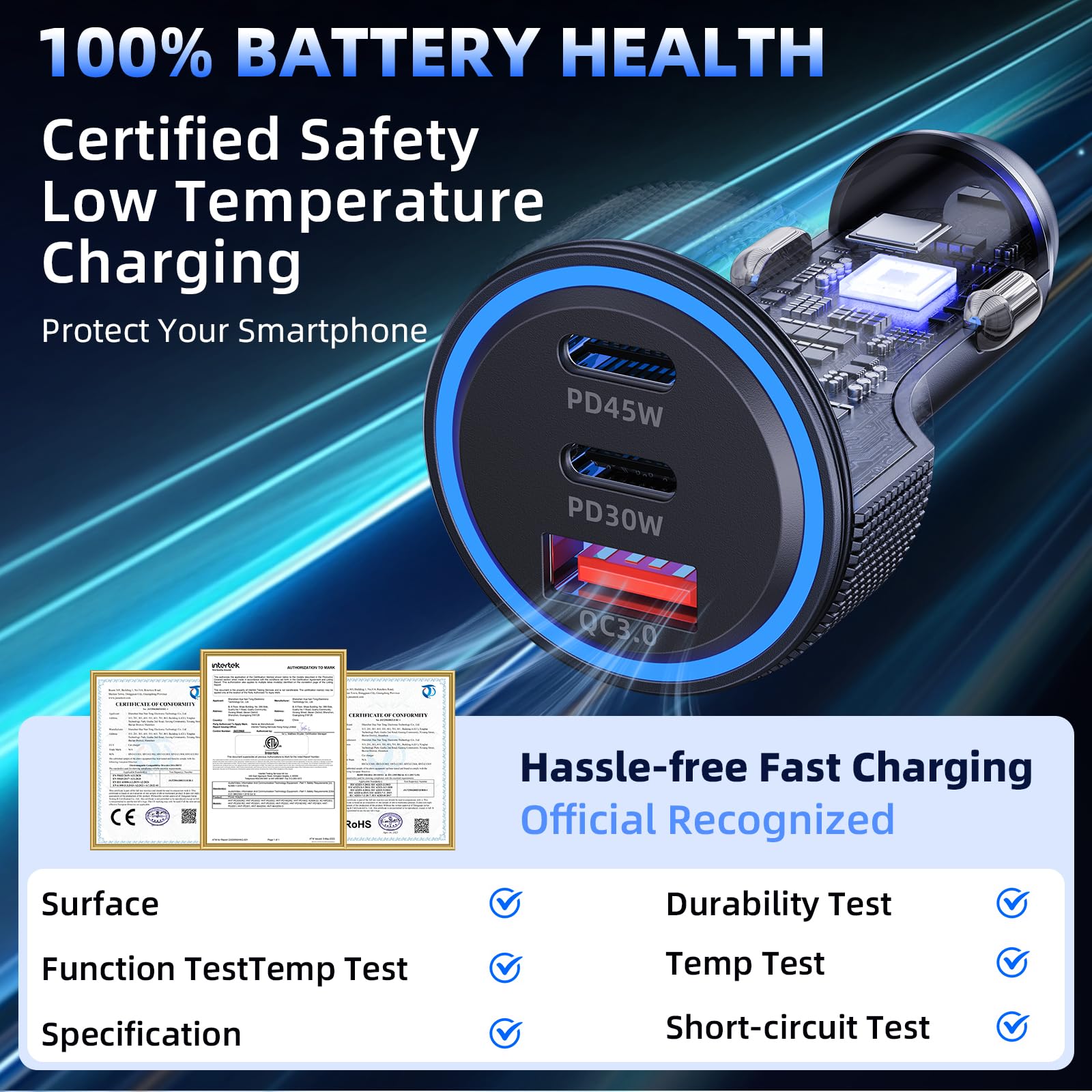 Chargeur Allume Cigare USB C 3 Ports 93W PD QC 3.0 Chargeur Voiture Charge Rapide Prise Allume Cigare 12V,pour iPhone iPad Samsung Huawei Xiaomi Tabletetc