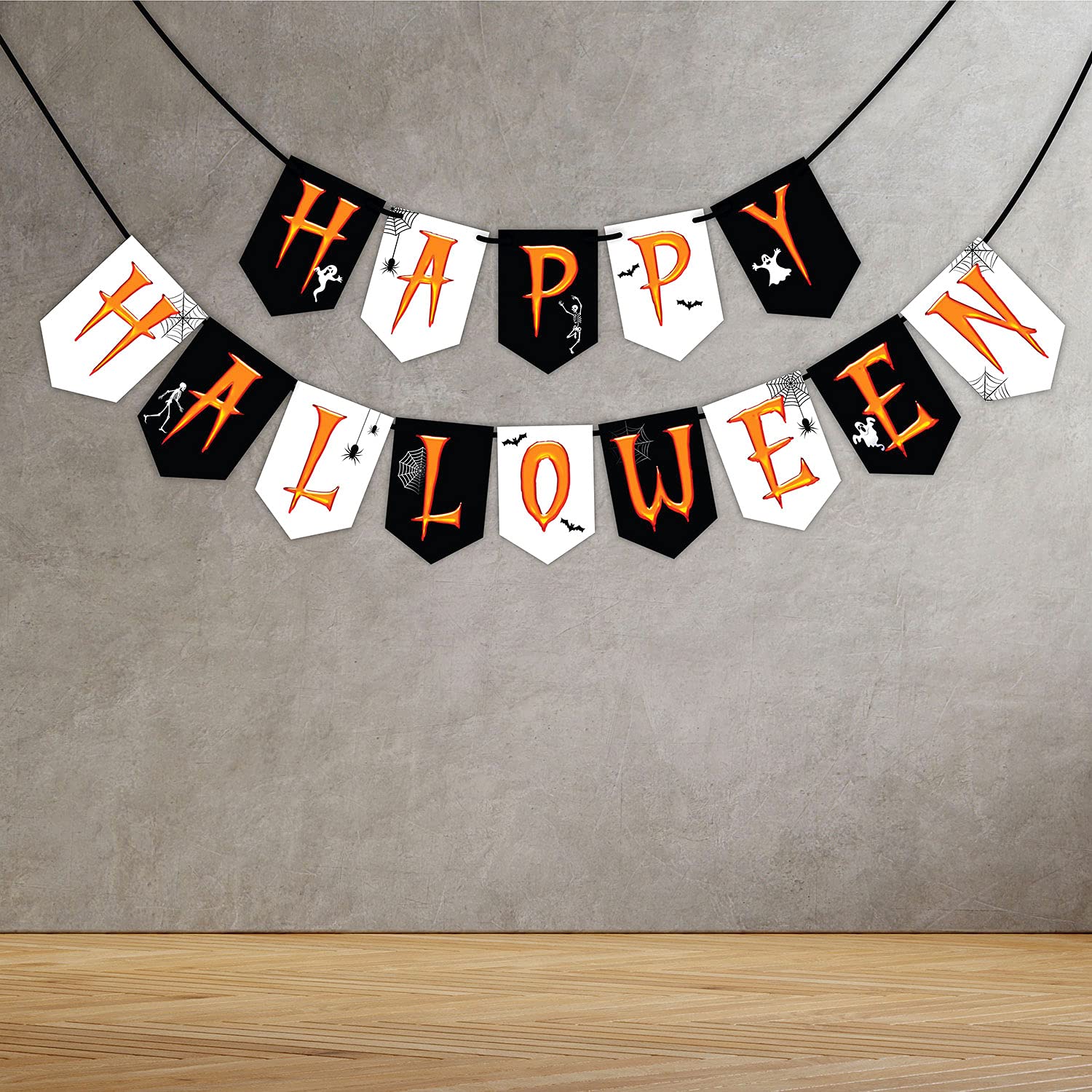 Wobbox Halloween Bunting Banner Horror Doodle Happy Halloween Bunting Banner, Halloweens Decorations Item (Black & White)