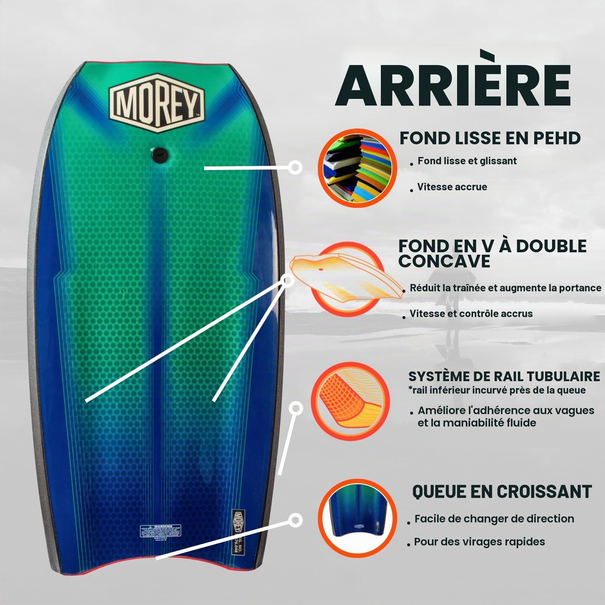 Morey Mach 12 MDS+ – Bodyboard de 108 cm – Système de Vitesse Dynamique Mach – Laminage amélioré – Version repensée – Stringer intégré en Fibre de Verre – Design Contour Deck – Leash