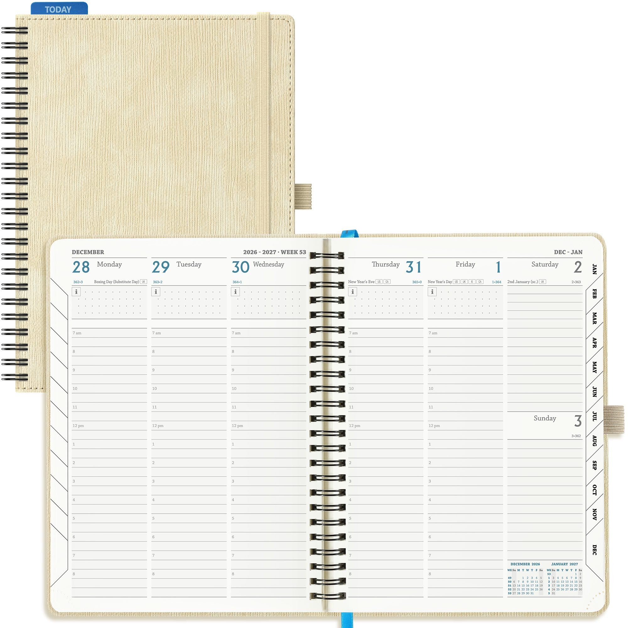 IN-LUXPRO Academic Diary 2026-2027 Week to View A5 Medium (21.9x16.2 cm) Spiral 18 Months (Jul'26 - Dec'27) Mid Year Diary 26/27 Vertical Weekly Planner with Timeslots& Month Tabs, PU Leather Beige