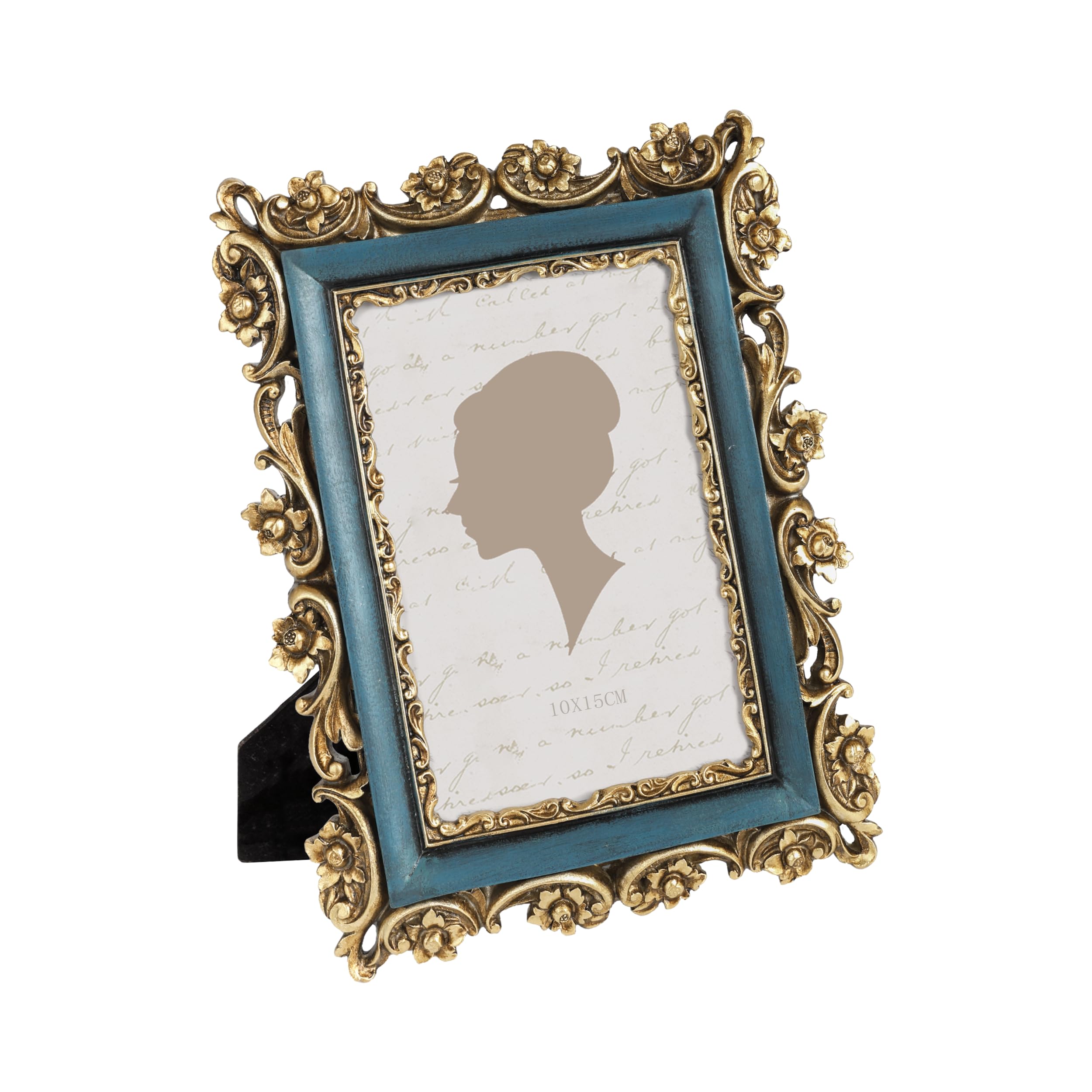 Sunlit Retro Blue And Gold Vintage Picture Frame 4X6 Inch, Luxury Antique Photo Frames With Glass Front,