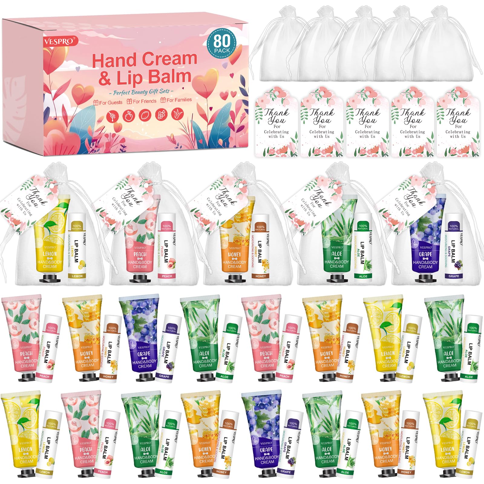 VESPRO 80 Pack Bulk Hand Cream and Lip Balm Sets Gifts, Mothers Day Gifts for Mom, Party Favors, Wedding Favors for Guests with Thank You Card and