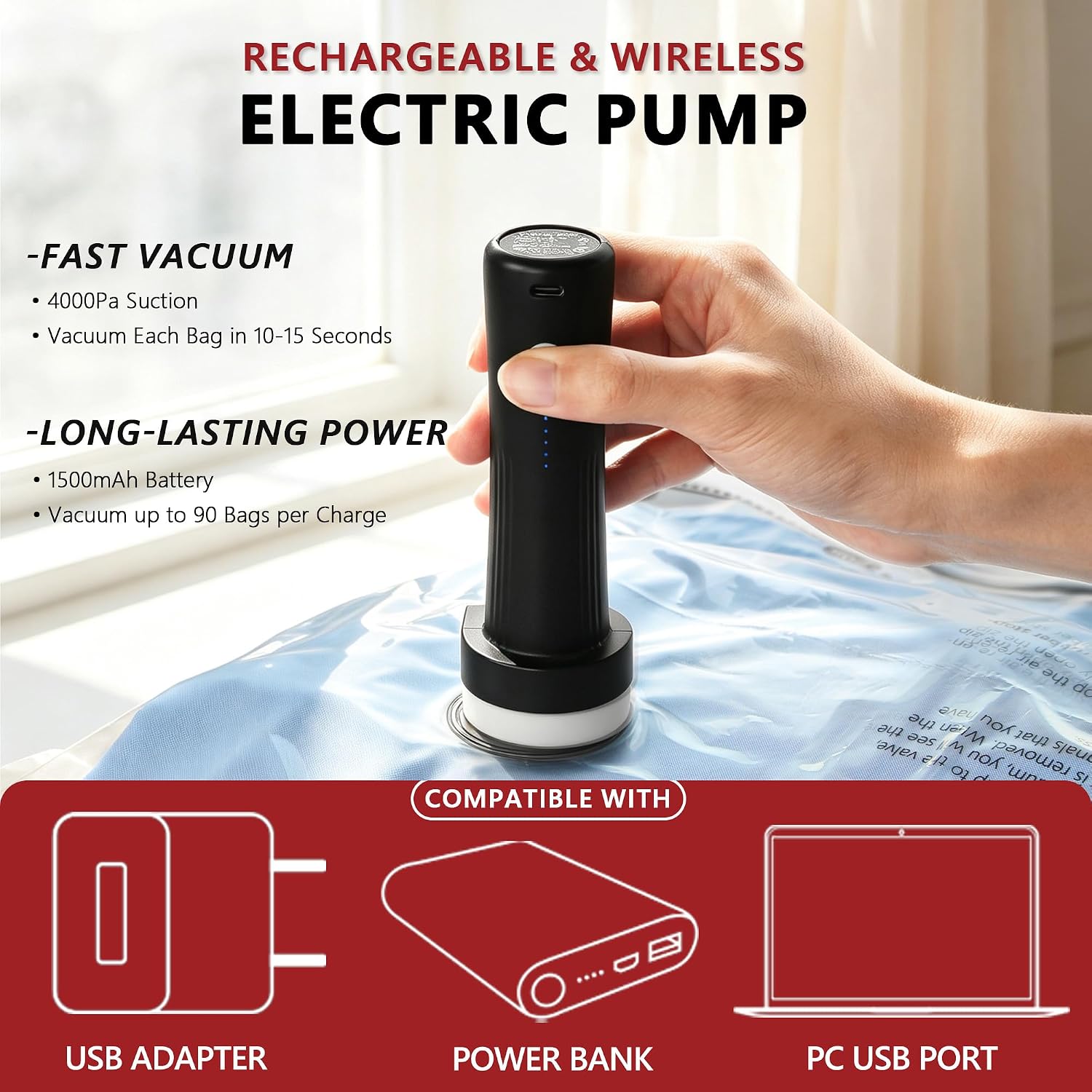 Travel Vacuum Bags for Clothing with Cordless Pump 18 Combo, Clear photo 5